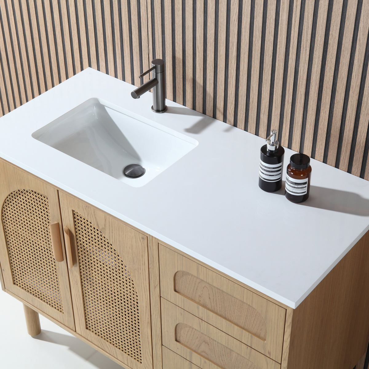 48" Pecan Oak Freestanding Bathroom Vanity with Pure White Quartz Countertop