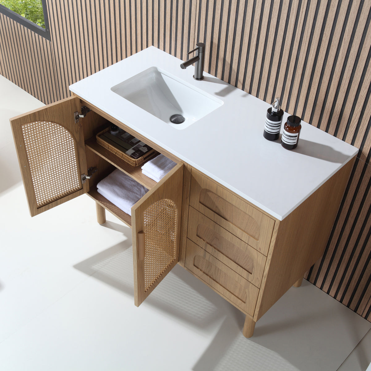 48" Pecan Oak Freestanding Bathroom Vanity with Pure White Quartz Countertop
