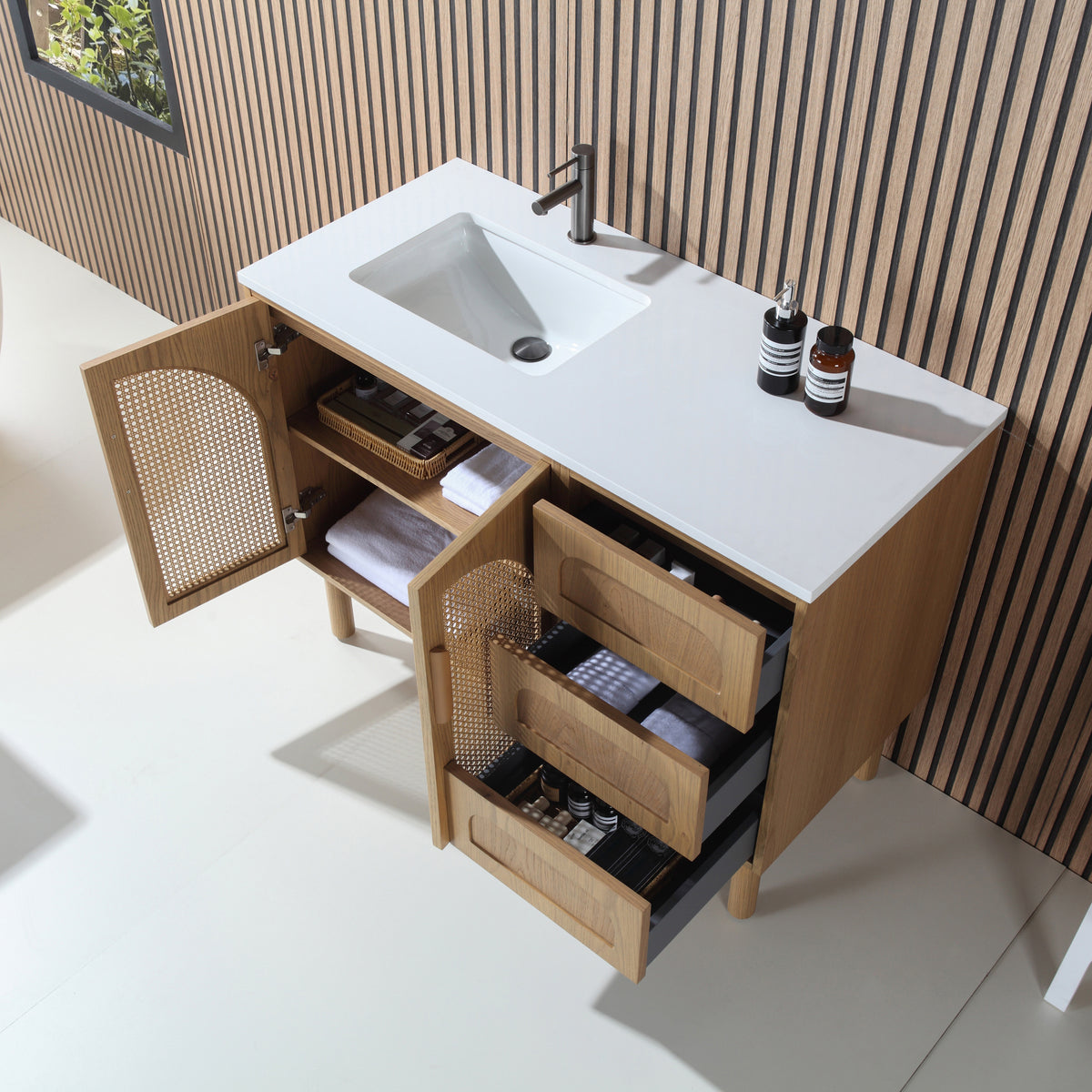 48" Pecan Oak Freestanding Bathroom Vanity with Pure White Quartz Countertop