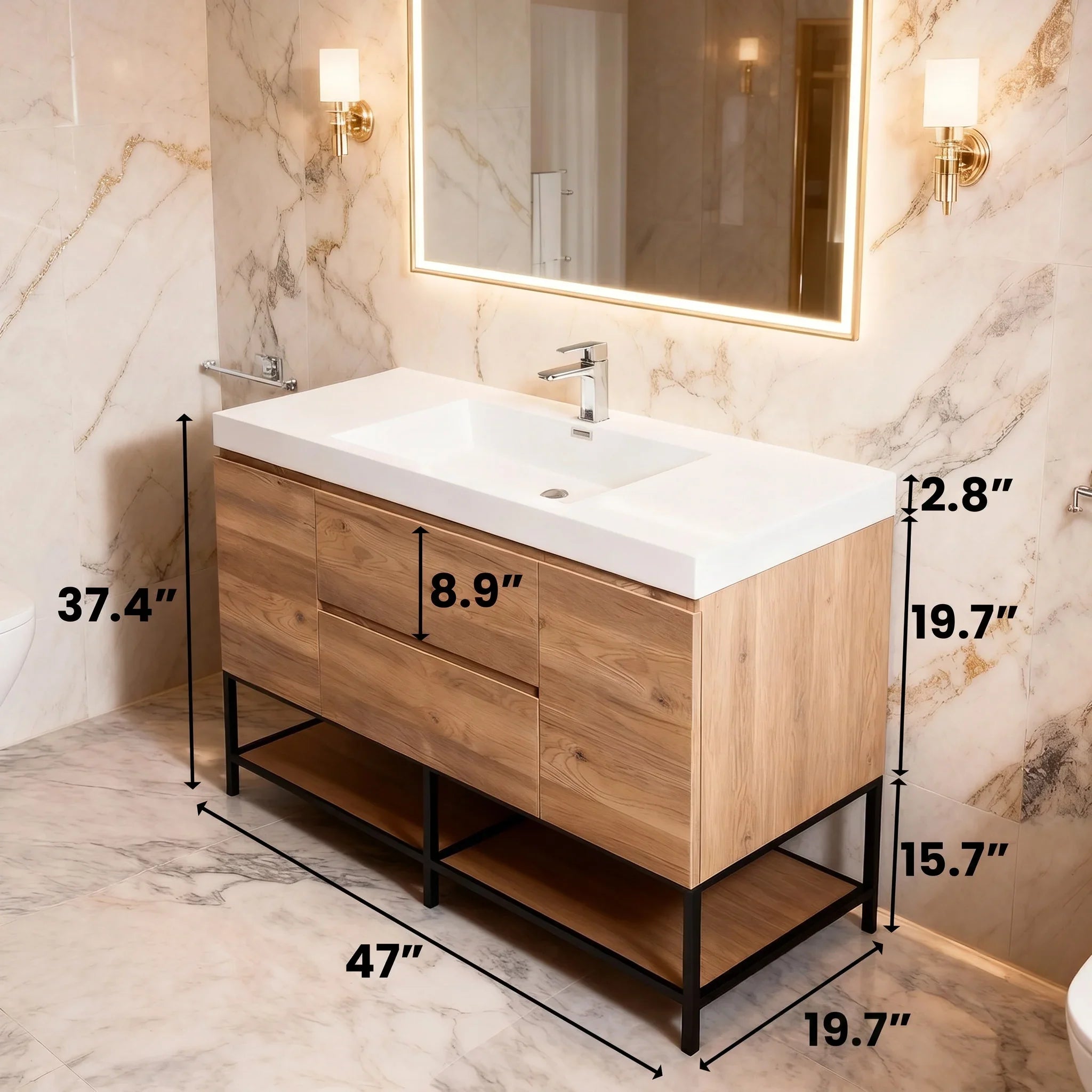 48" Rough Oak Wall Mount Single Sink Bathroom Vanity with White Polymarble Countertop - KD