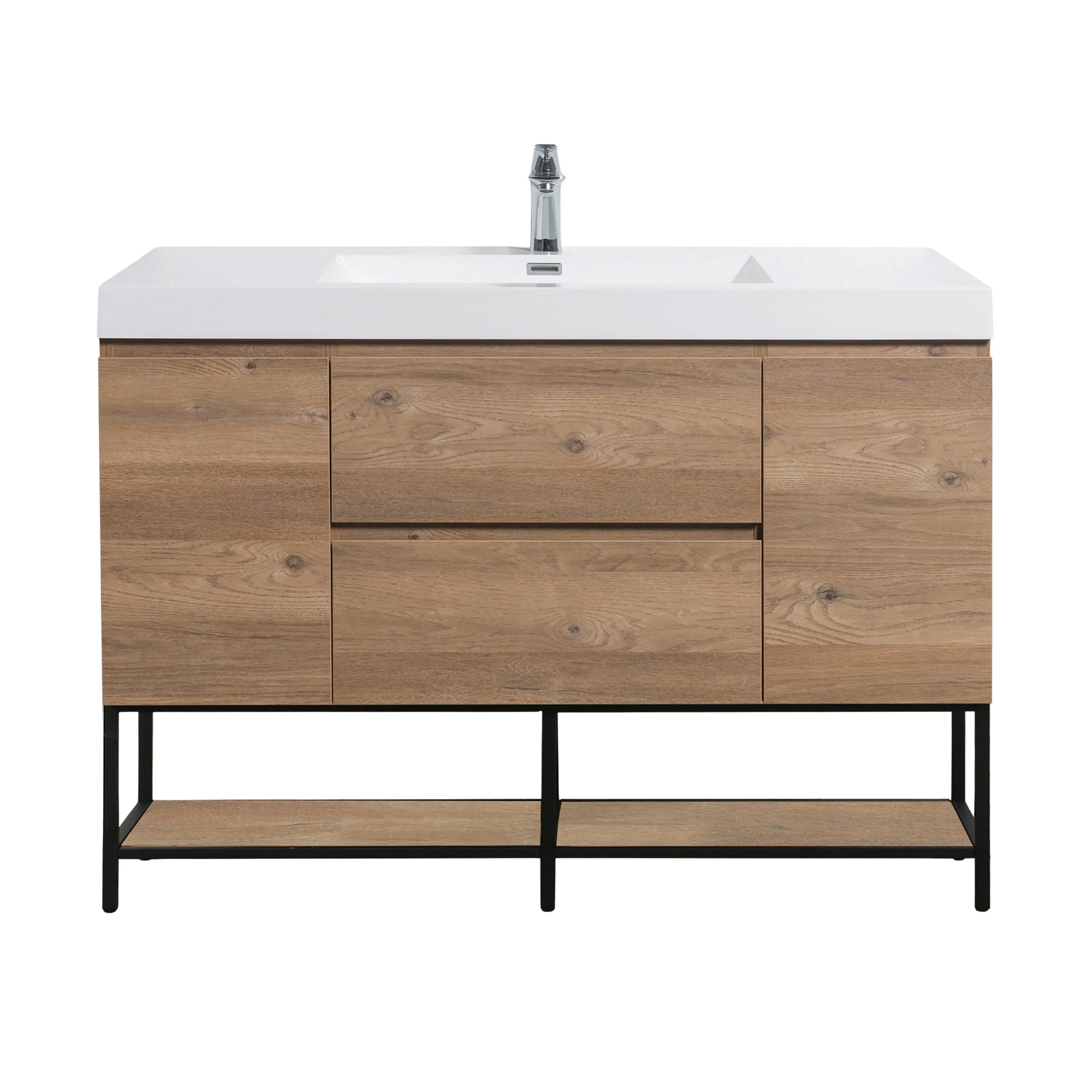 48" Rough Oak Wall Mount Single Sink Bathroom Vanity with White Polymarble Countertop - KD