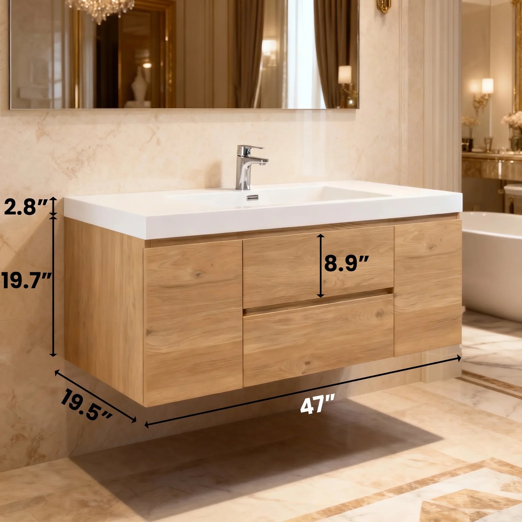 48" Rough Oak Wall Mount Single Sink Bathroom Vanity with White Polymarble Countertop - KD