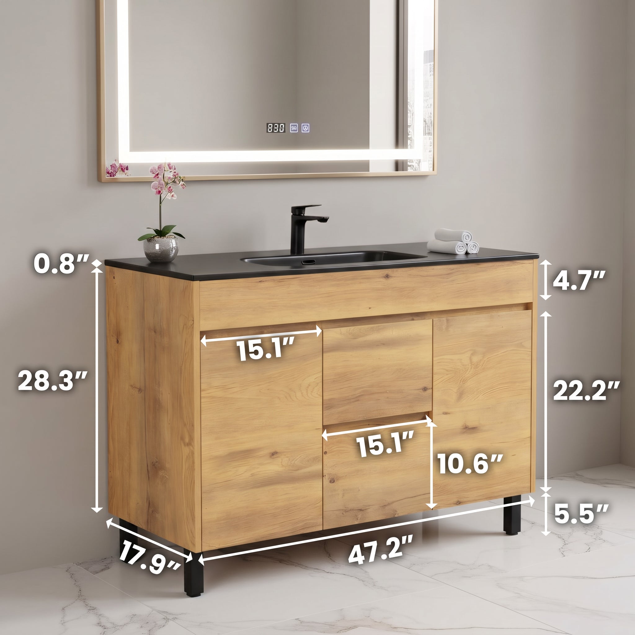 Meuble-Lavabo Autoportant 48po Chêne Givré avec Comptoir de Céramique Noir