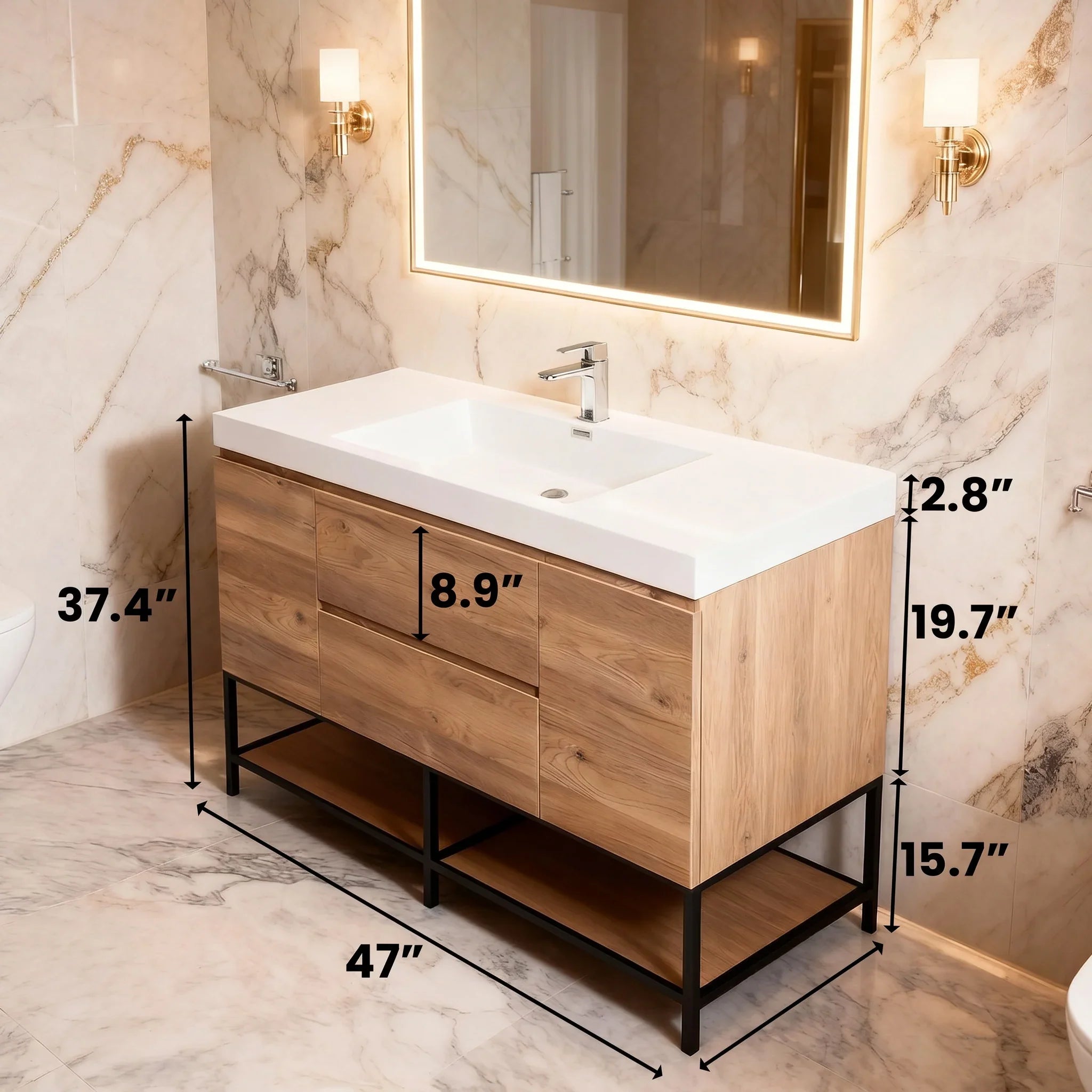 Meuble-lavabo mural simple vasque en chêne brut 48" avec Comptoir en polymarbre blanc
