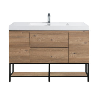 48" Rough Oak Wall Mount Single Sink Bathroom Vanity with White Polymarble Countertop