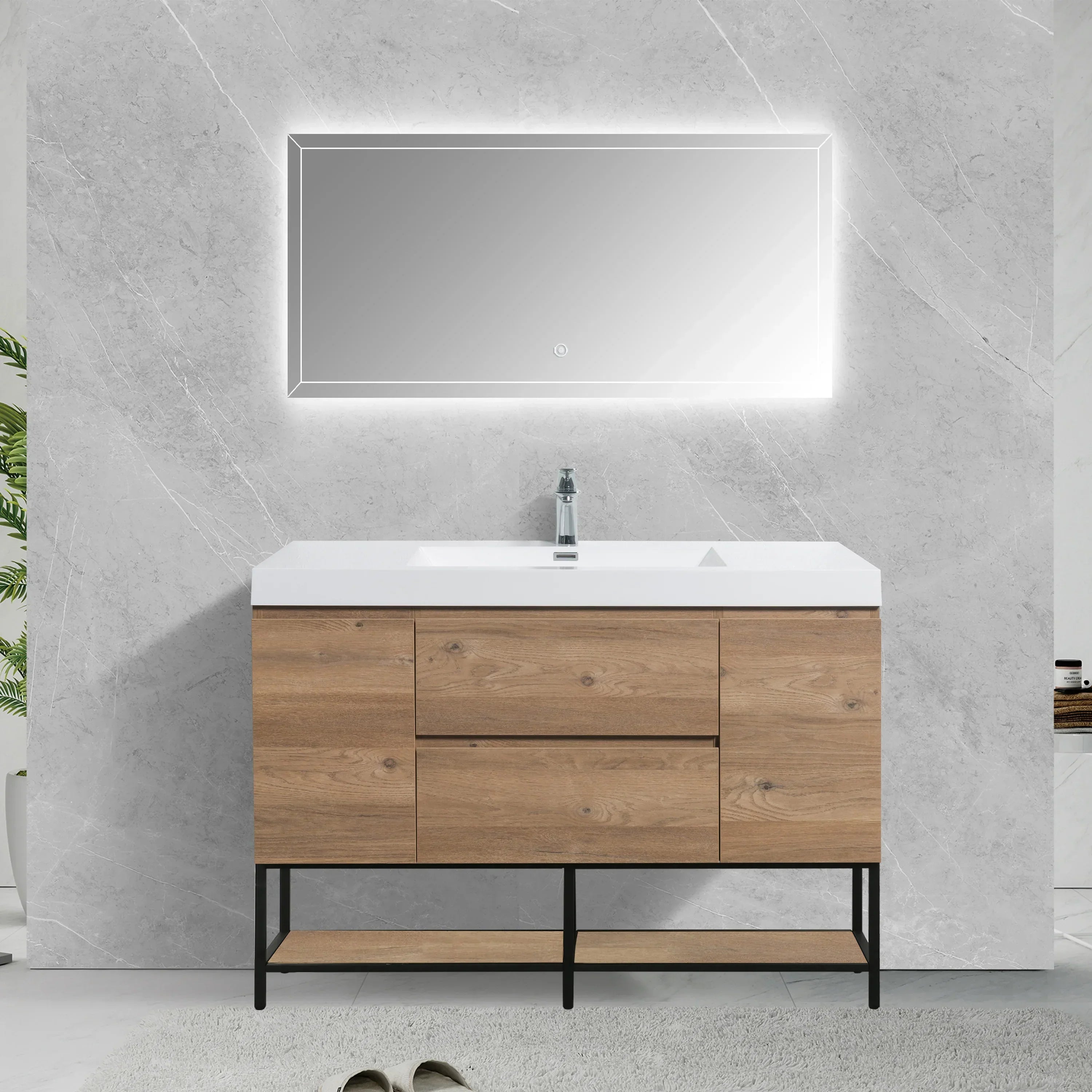 48" Rough Oak Wall Mount Single Sink Bathroom Vanity with White Polymarble Countertop - KD