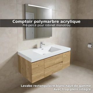 48" Rough Oak Wall Mount Single Sink Bathroom Vanity with White Polymarble Countertop