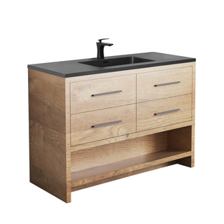 48" Rough Oak Freestanding Bathroom Vanity with Black Engineered Quartz Countertop