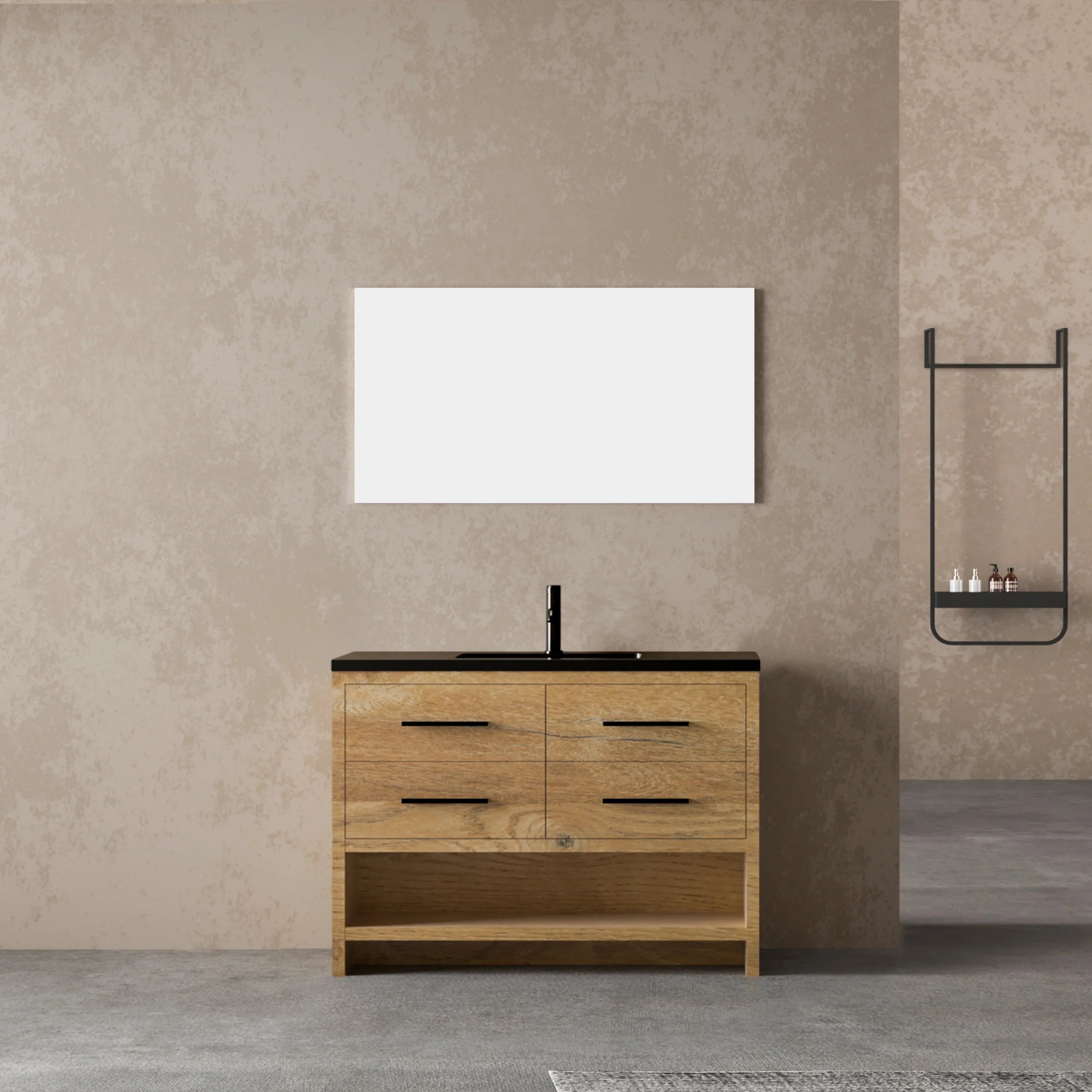 48" Rough Oak Freestanding Bathroom Vanity with Black Engineered Quartz Countertop