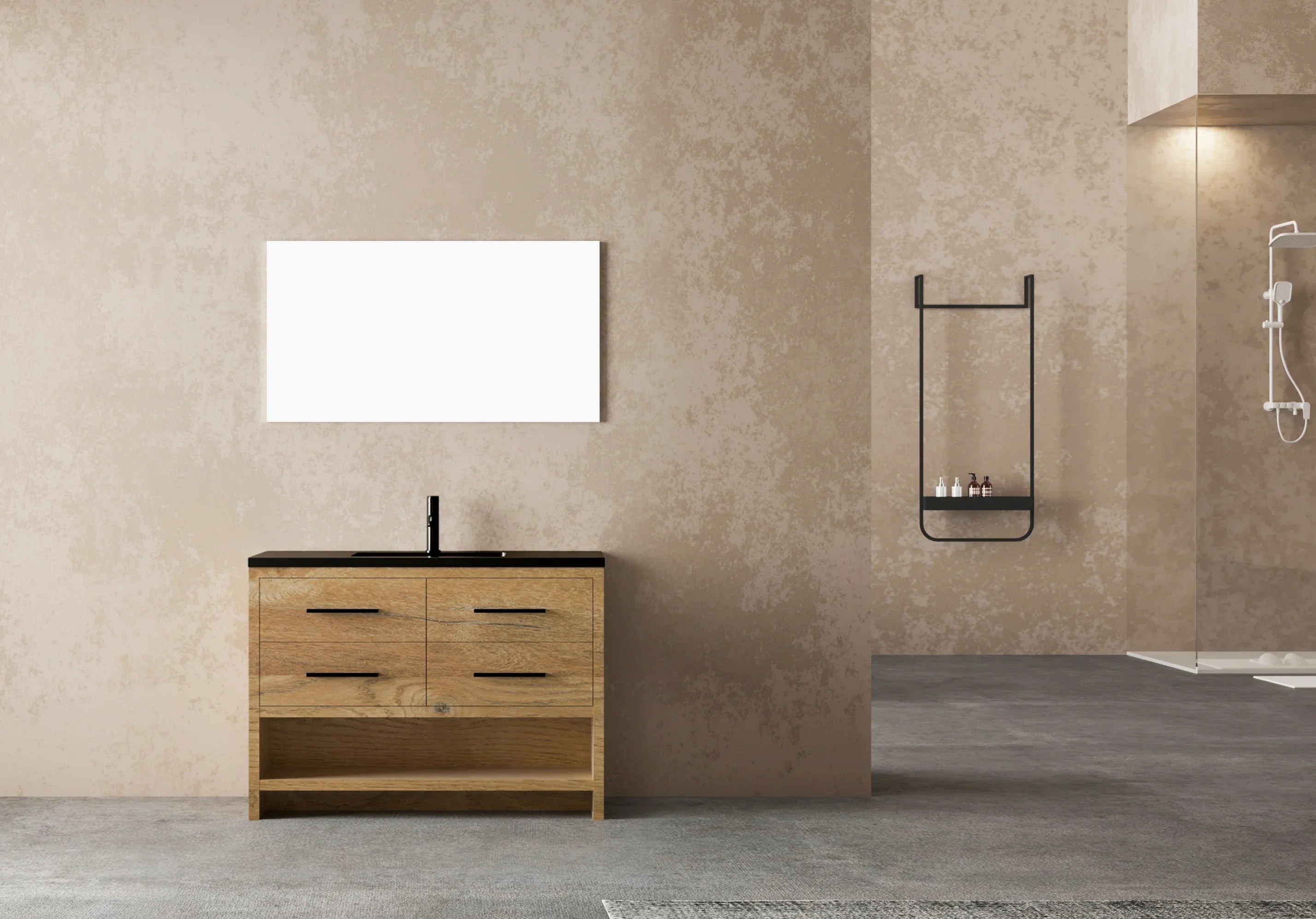 48" Rough Oak Freestanding Bathroom Vanity with Black Engineered Quartz Countertop