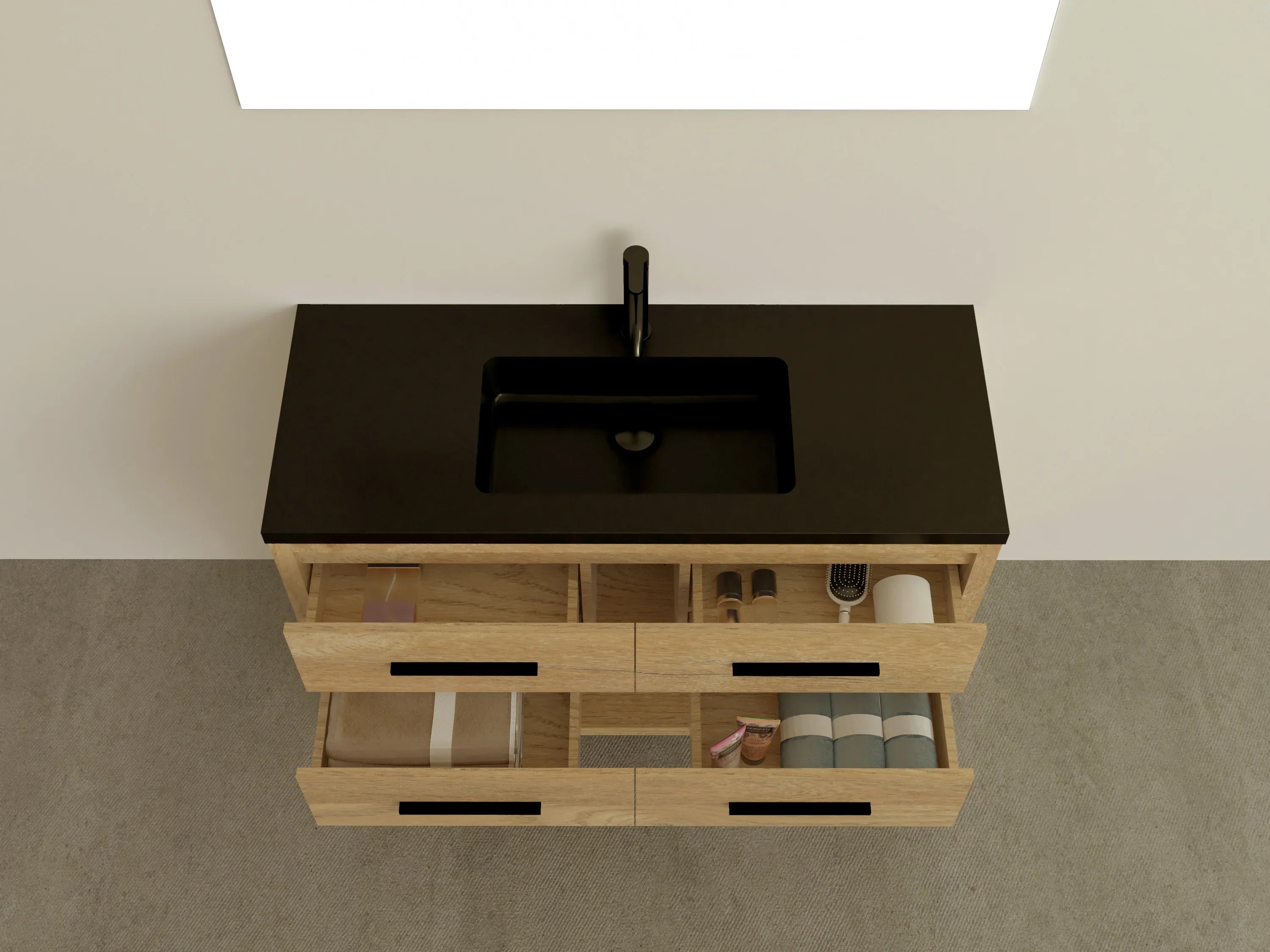 48" Rough Oak Freestanding Bathroom Vanity with Black Engineered Quartz Countertop