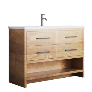 48" Rough Oak Freestanding Bathroom Vanity with White Polymarble Countertop