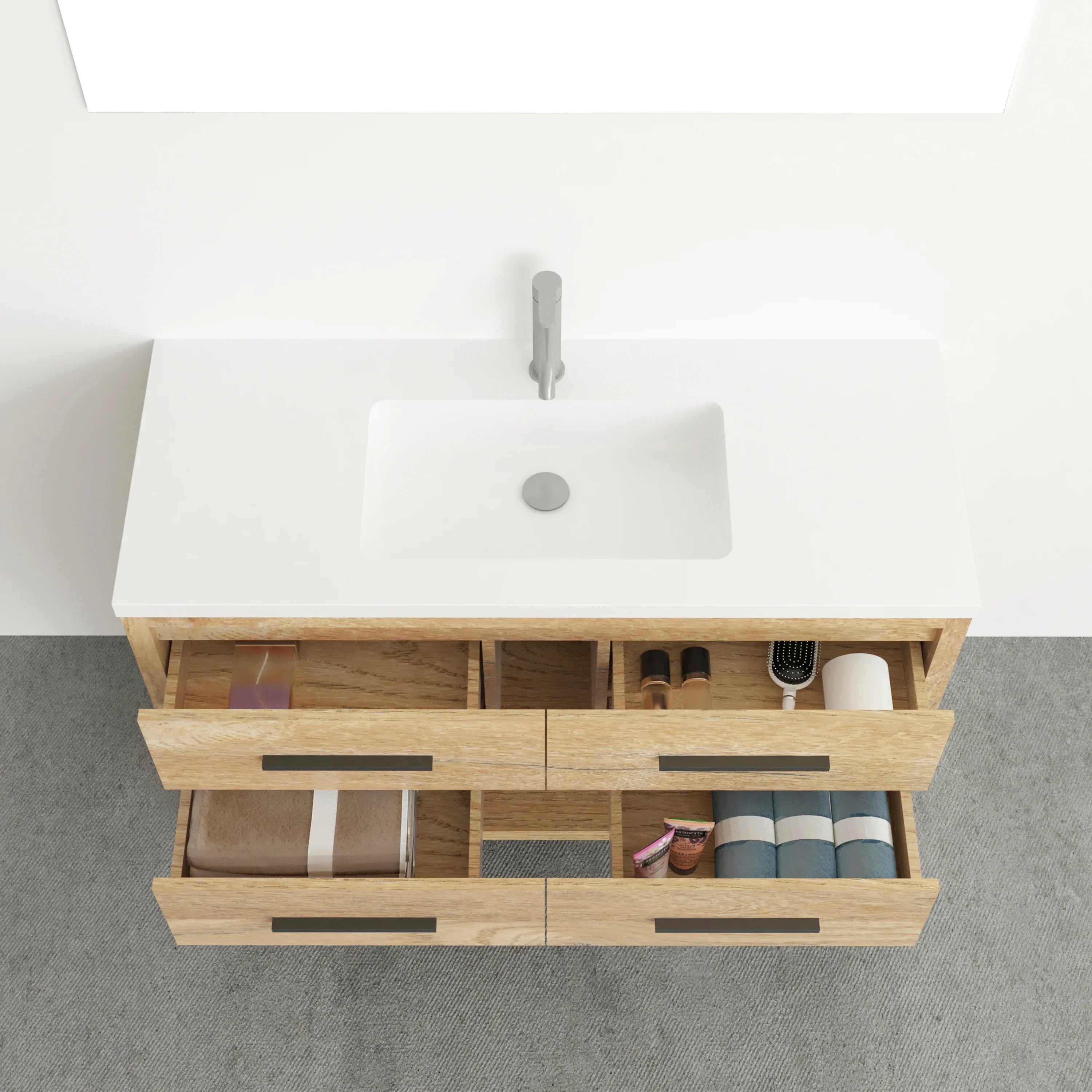 48" Rough Oak Freestanding Bathroom Vanity with White Polymarble Countertop