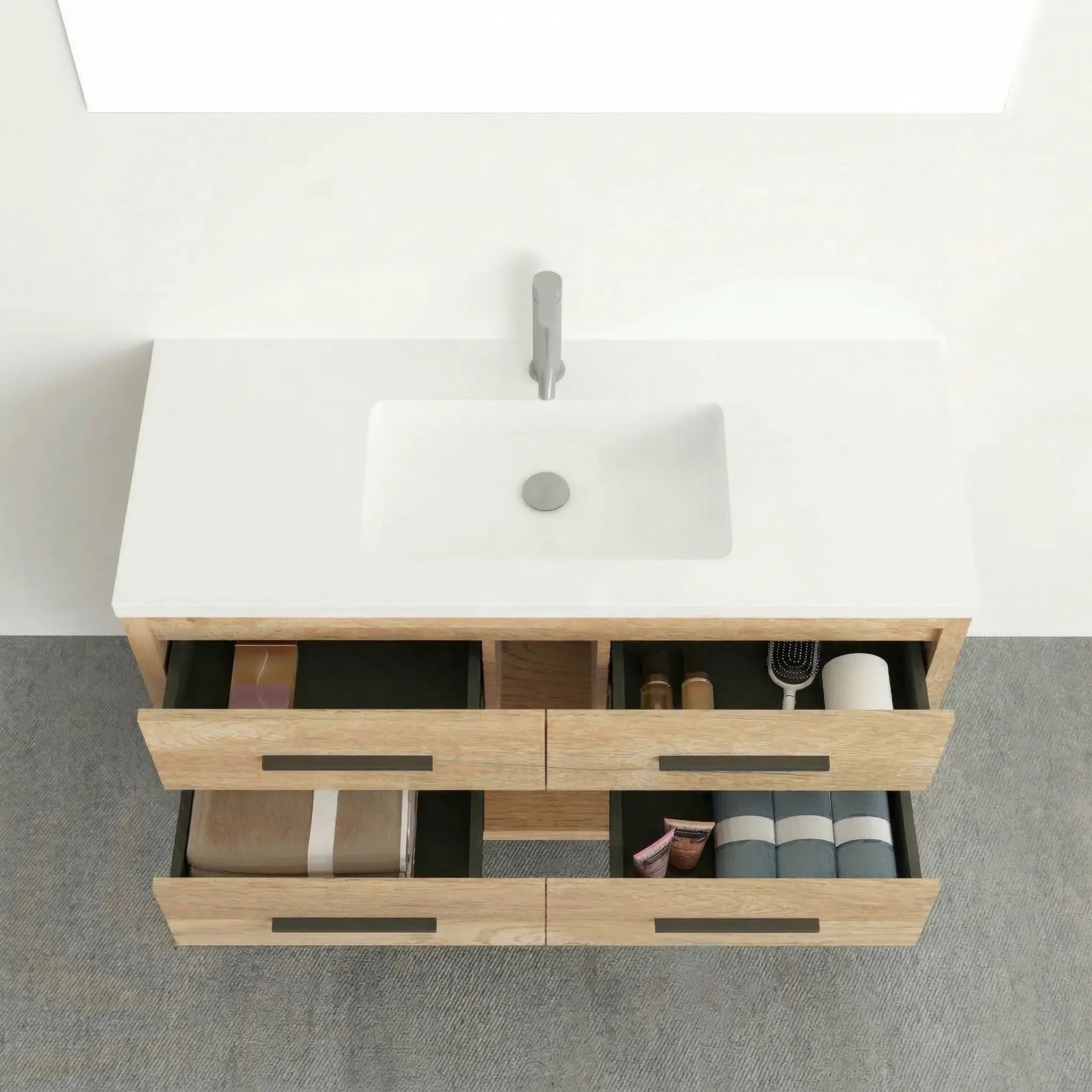 Meuble-lavabo autoportant en chêne brut de 48" avec Comptoir en polymarbre blanc