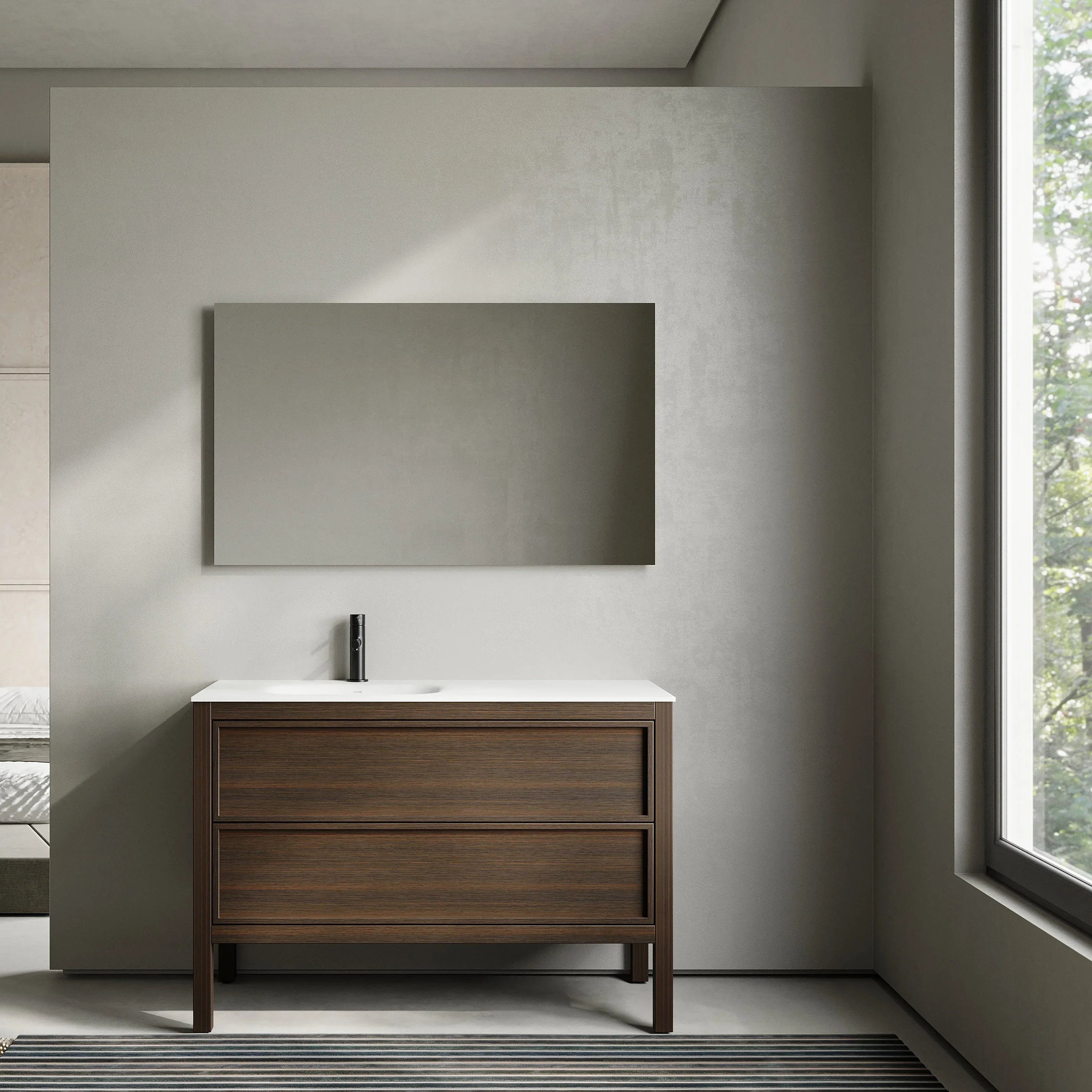 Meuble-Lavabo Autoportant 48po Chêne Fumé avec Comptoir de Surface Solide Blanc