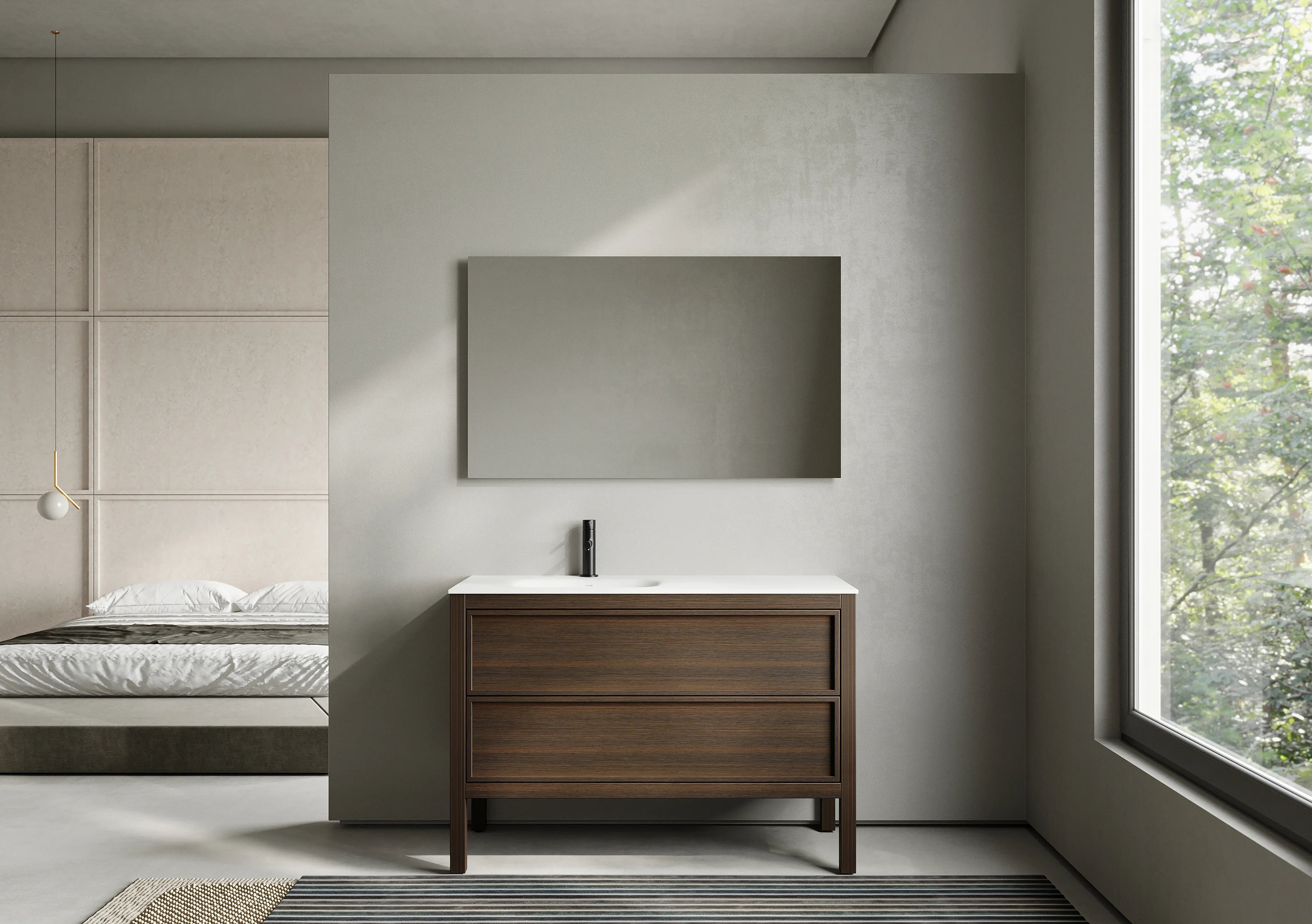 Meuble-Lavabo Autoportant 48po Chêne Fumé avec Comptoir de Surface Solide Blanc