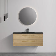 Meuble-lavabo mural de salle de bain de 48 pouces en noyer coucher de soleil avec comptoir et poignées en quartz technique noir