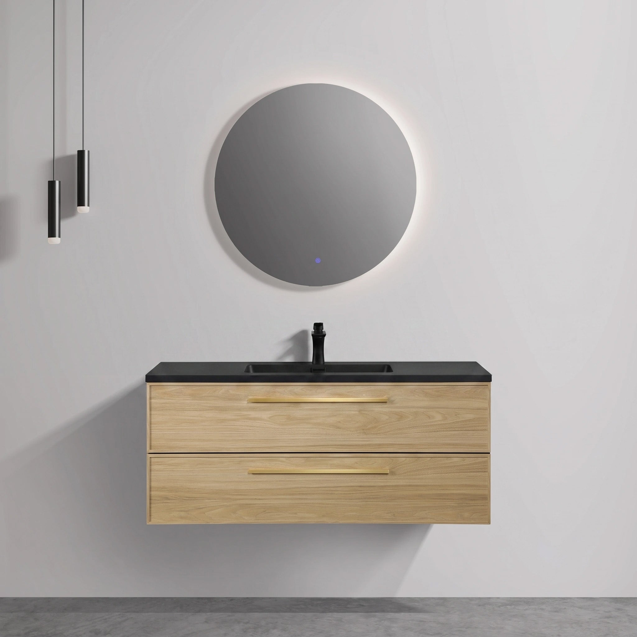 Meuble-lavabo mural de salle de bain de 48 pouces en noyer coucher de soleil avec comptoir et poignées en quartz technique noir