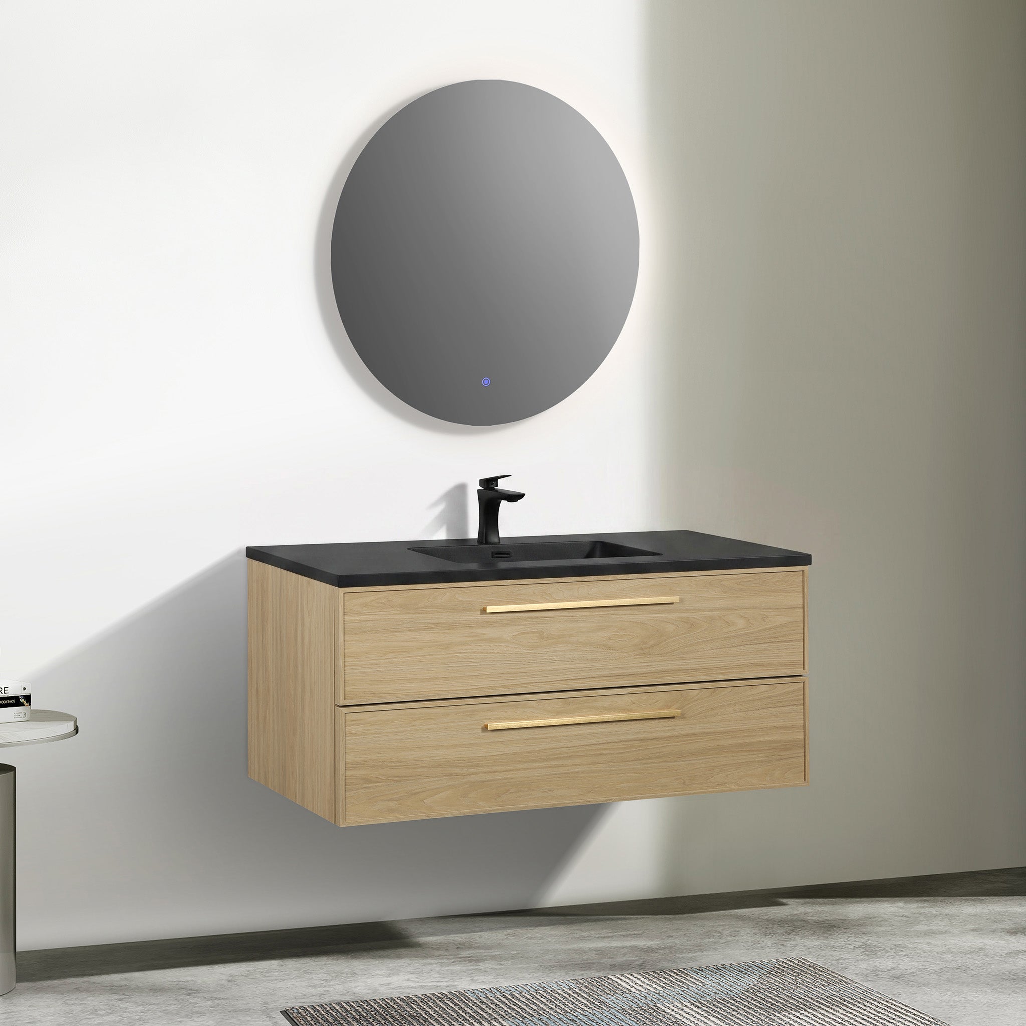 Meuble-lavabo mural de salle de bain de 48 pouces en noyer coucher de soleil avec comptoir et poignées en quartz technique noir