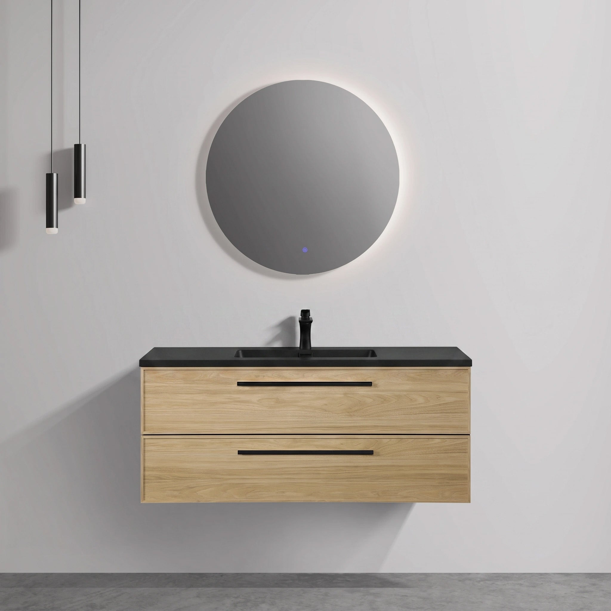 Meuble-lavabo mural de salle de bain de 48 pouces en noyer coucher de soleil avec comptoir et poignées en quartz technique noir