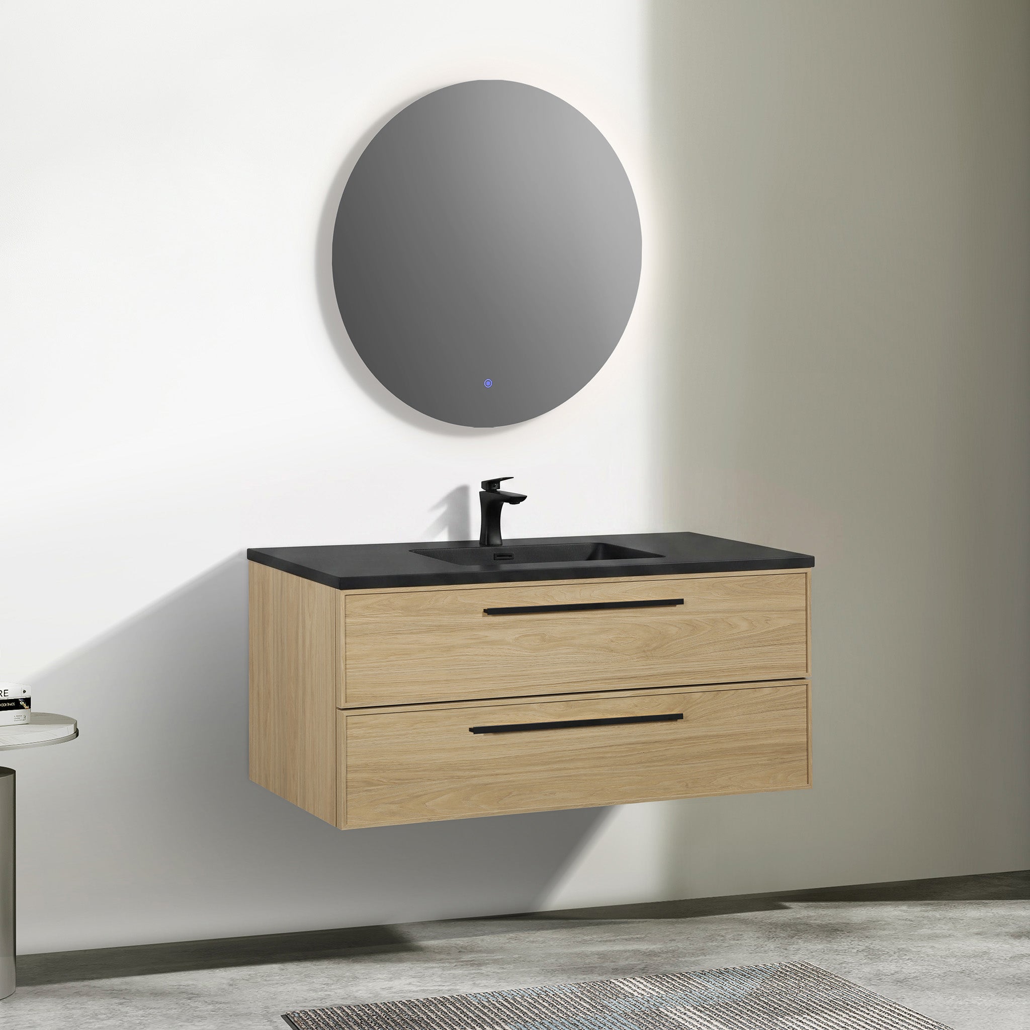 Meuble-lavabo mural de salle de bain de 48 pouces en noyer coucher de soleil avec comptoir et poignées en quartz technique noir