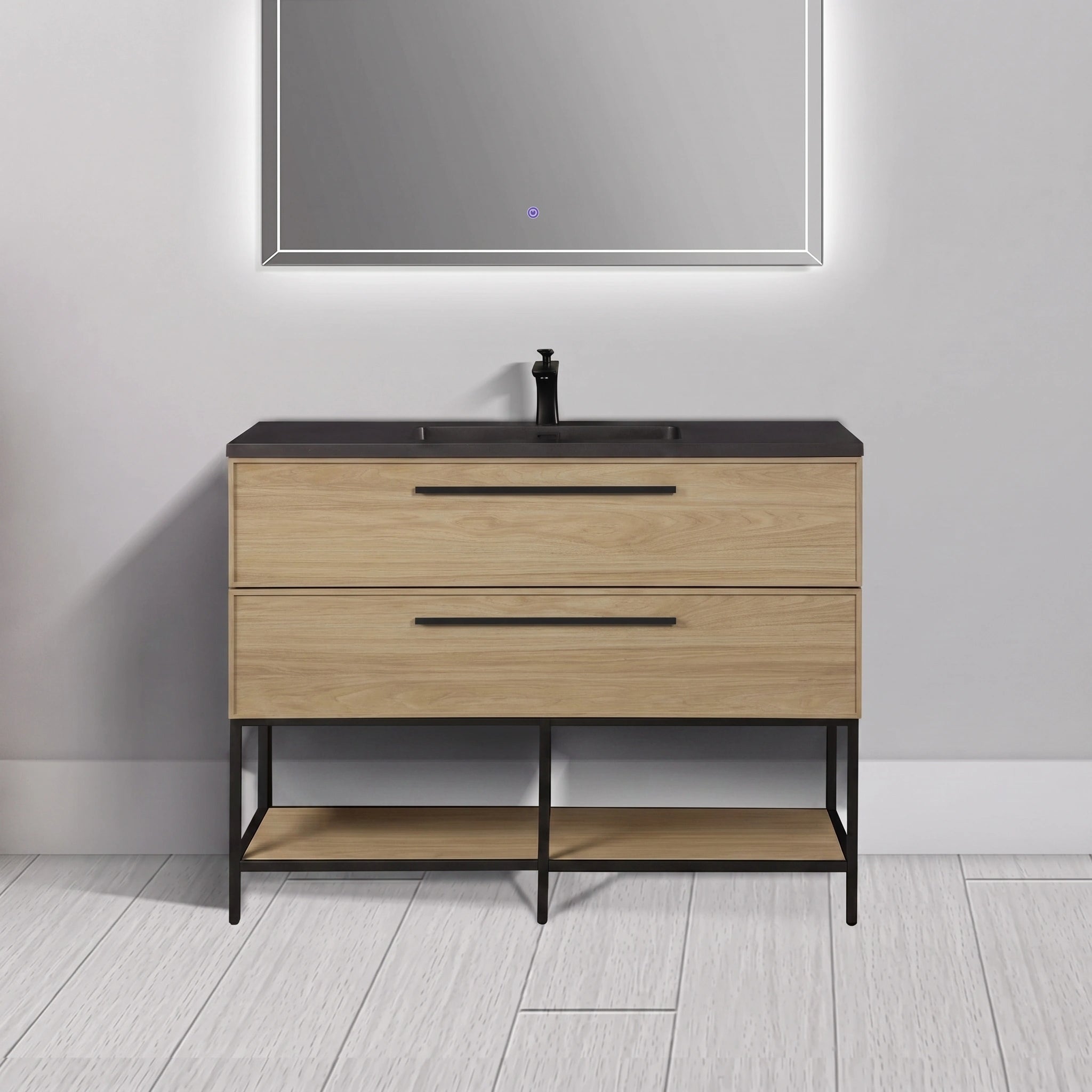 Meuble-lavabo mural de salle de bain de 48 pouces en noyer coucher de soleil avec comptoir et poignées en quartz technique noir