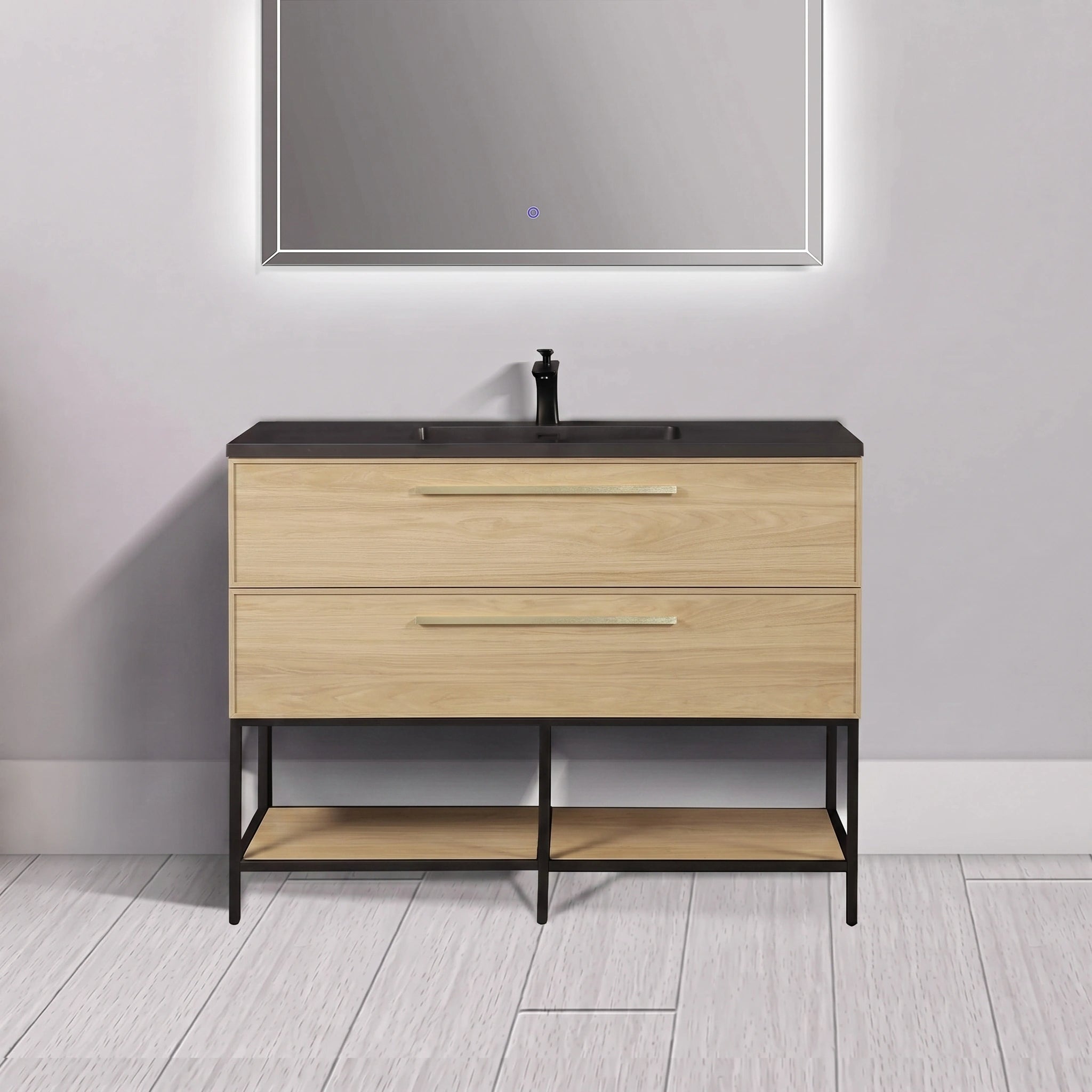Meuble-lavabo mural de salle de bain de 48 pouces en noyer coucher de soleil avec comptoir et poignées en quartz technique noir