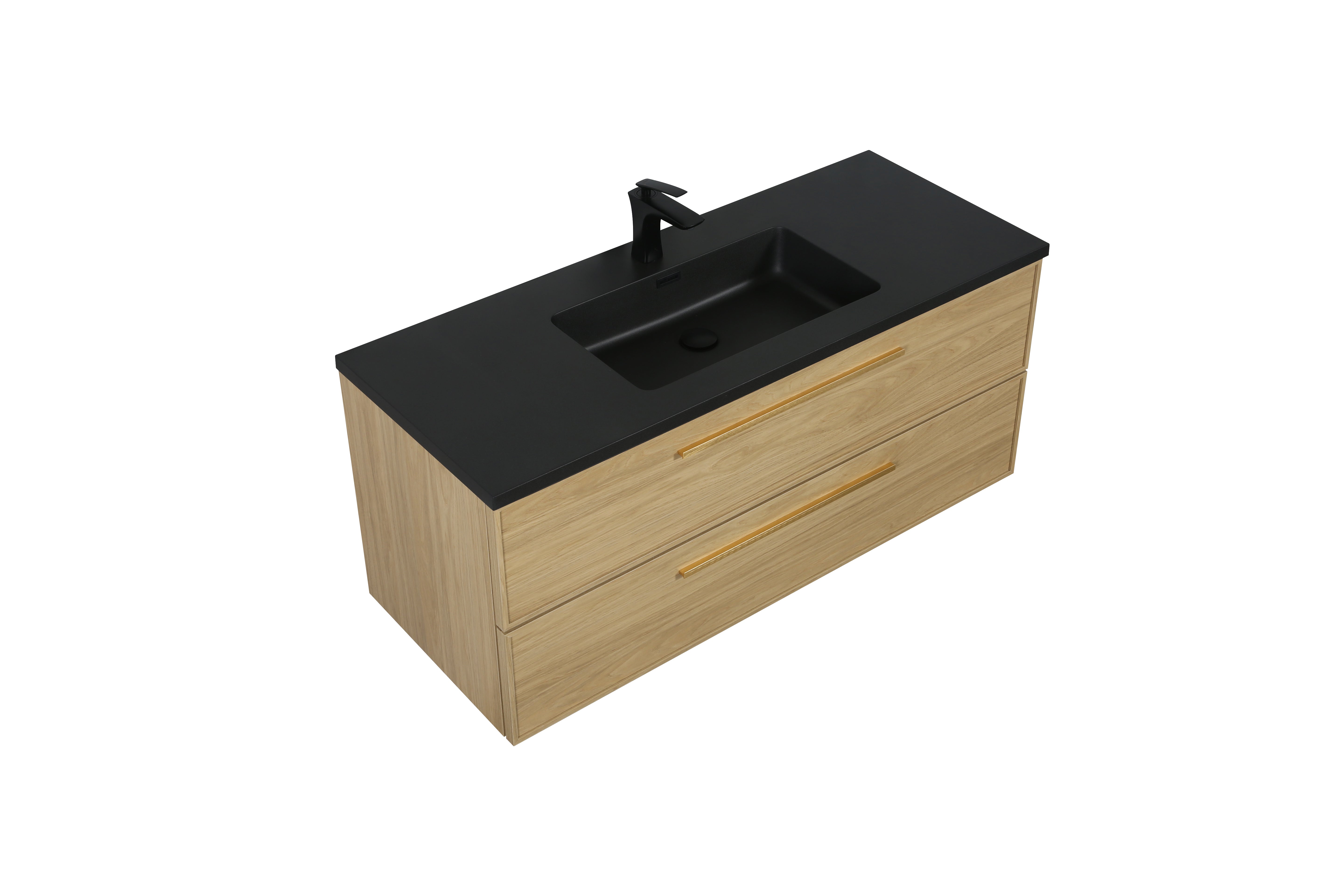 Meuble-lavabo mural de salle de bain de 48 pouces en noyer coucher de soleil avec comptoir et poignées en quartz technique noir