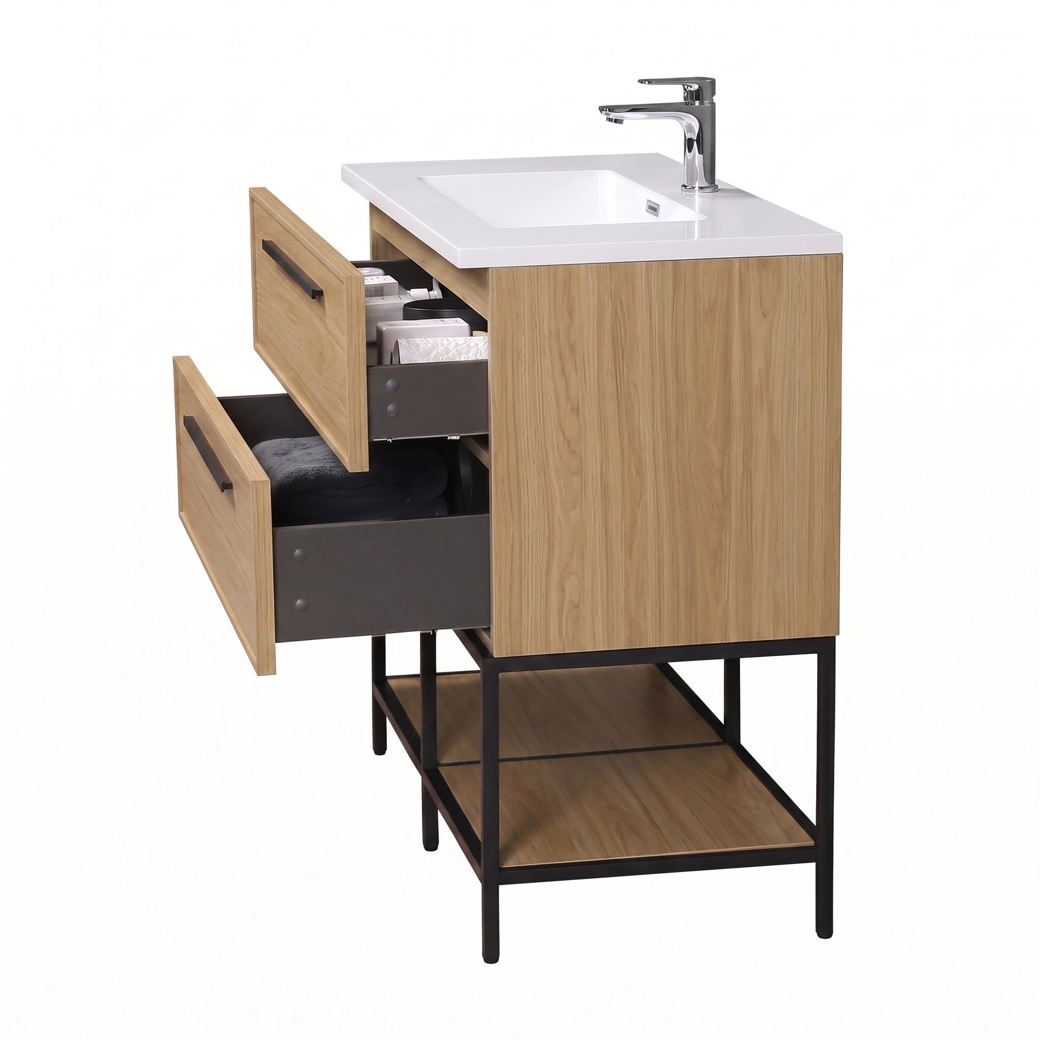 Meuble-lavabo mural 48 po noyer coucher de soleil avec dessus de comptoir en polymarbre blanc avec poignées - Collection Luxe