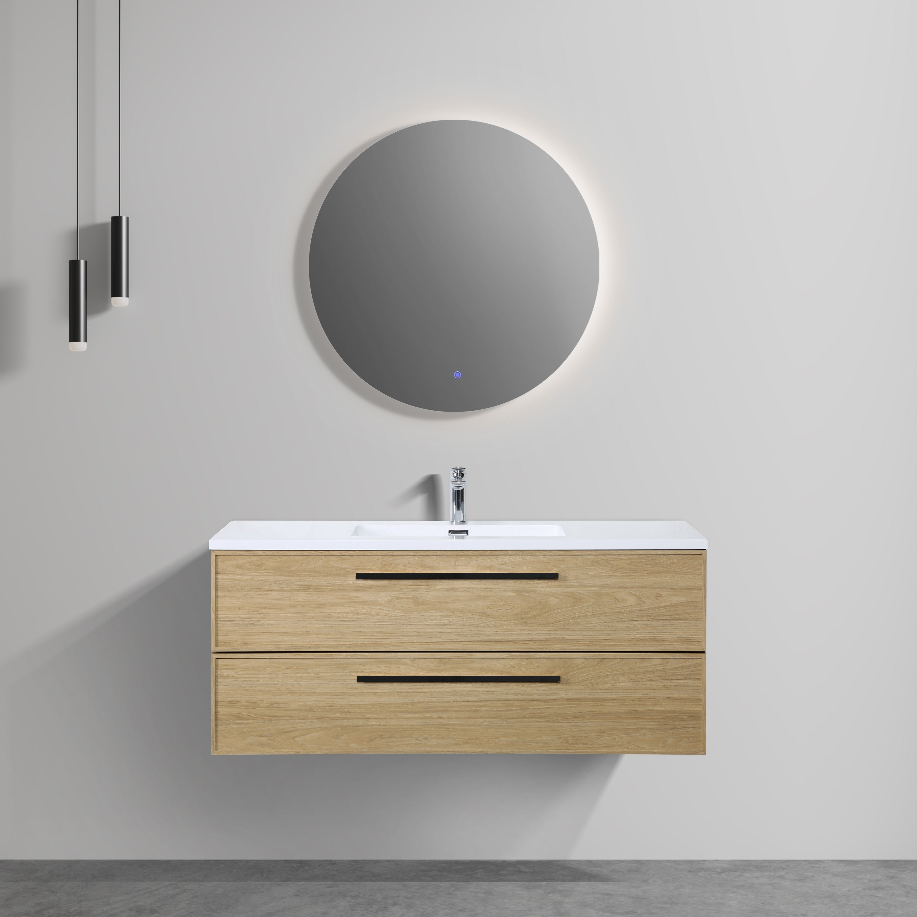 Meuble-lavabo mural 48 po noyer coucher de soleil avec dessus de comptoir en polymarbre blanc avec poignées - Collection Luxe