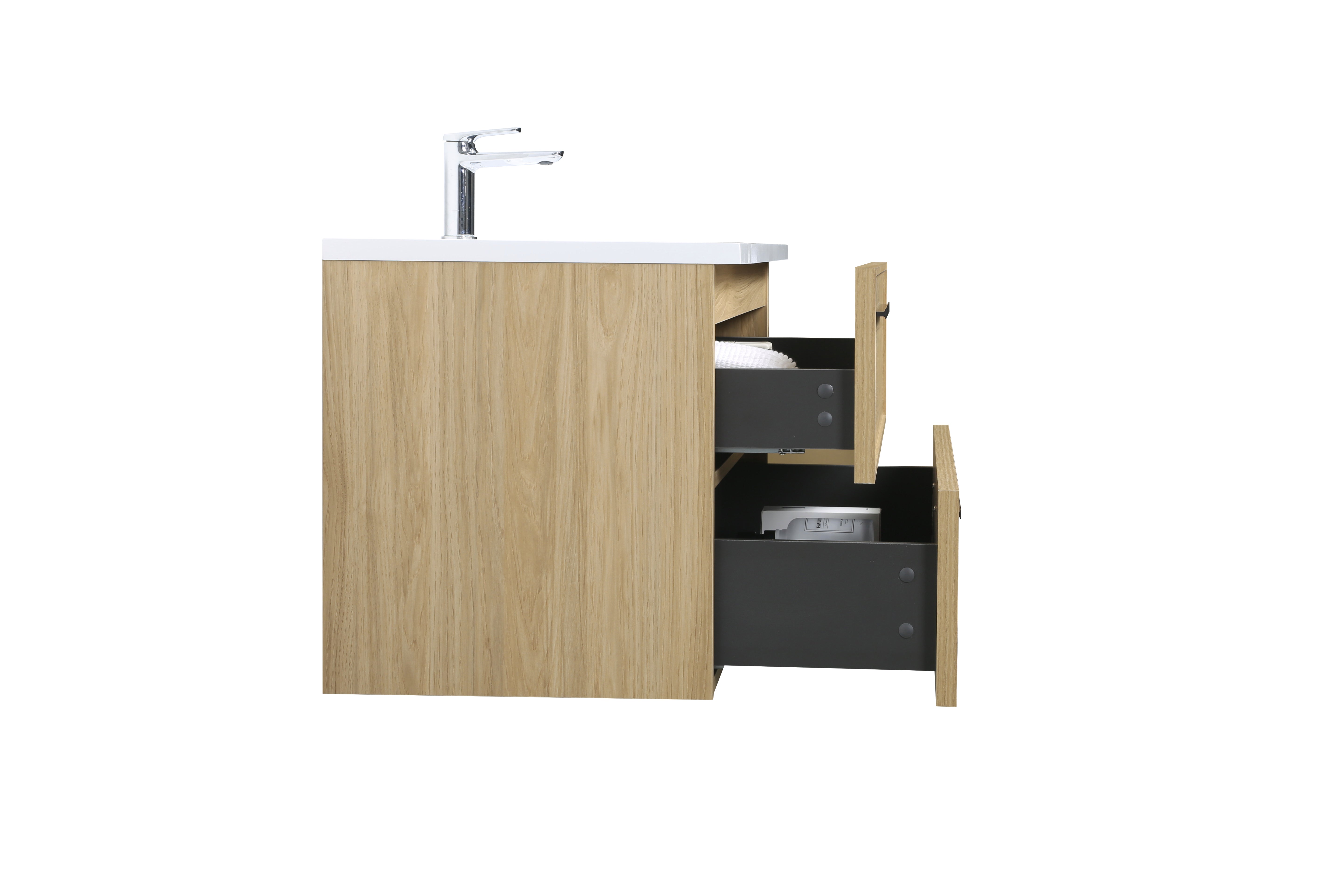 Meuble-lavabo mural 48 po noyer coucher de soleil avec dessus de comptoir en polymarbre blanc avec poignées - Collection Luxe