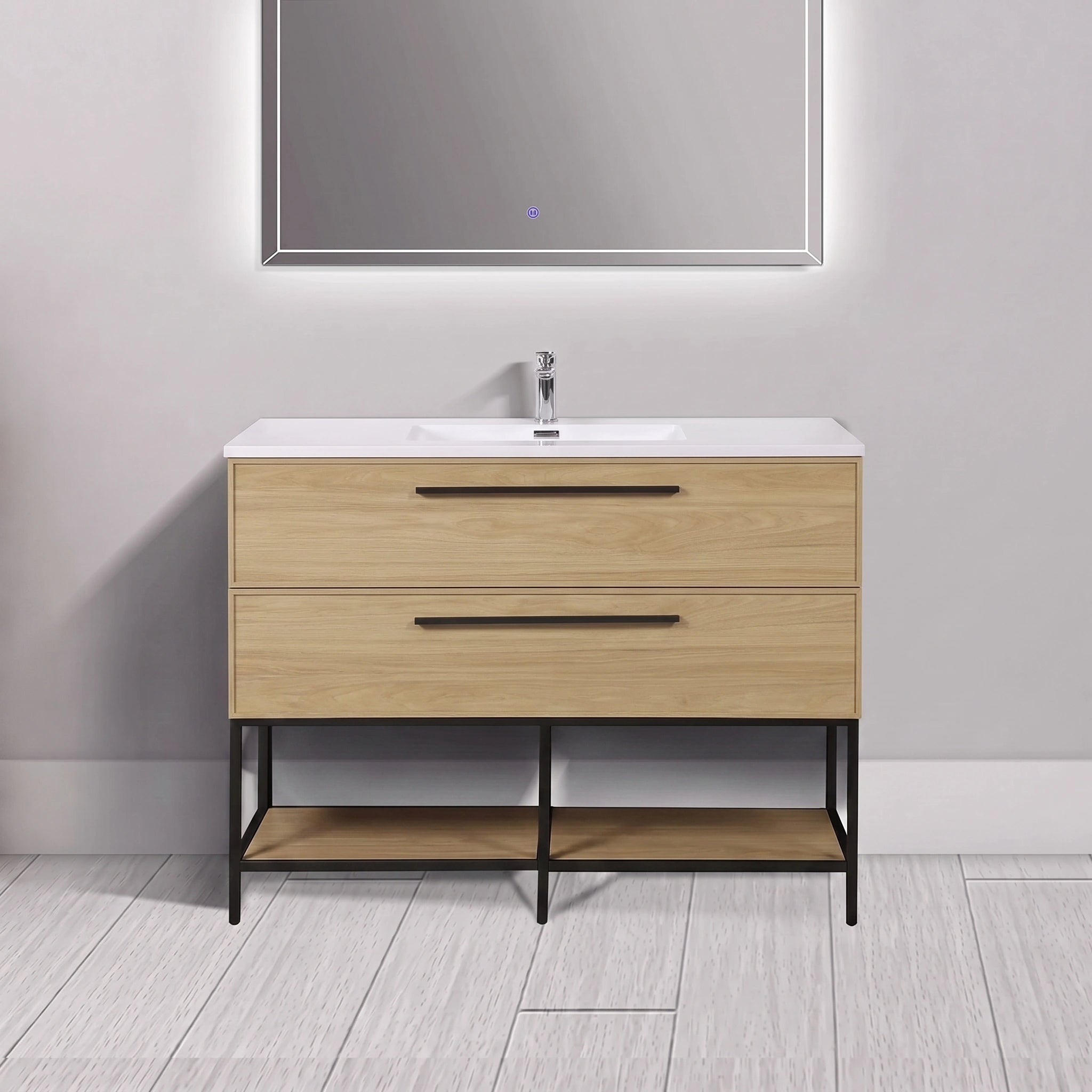 Meuble-lavabo mural 48 po noyer coucher de soleil avec dessus de comptoir en polymarbre blanc avec poignées - Collection Luxe