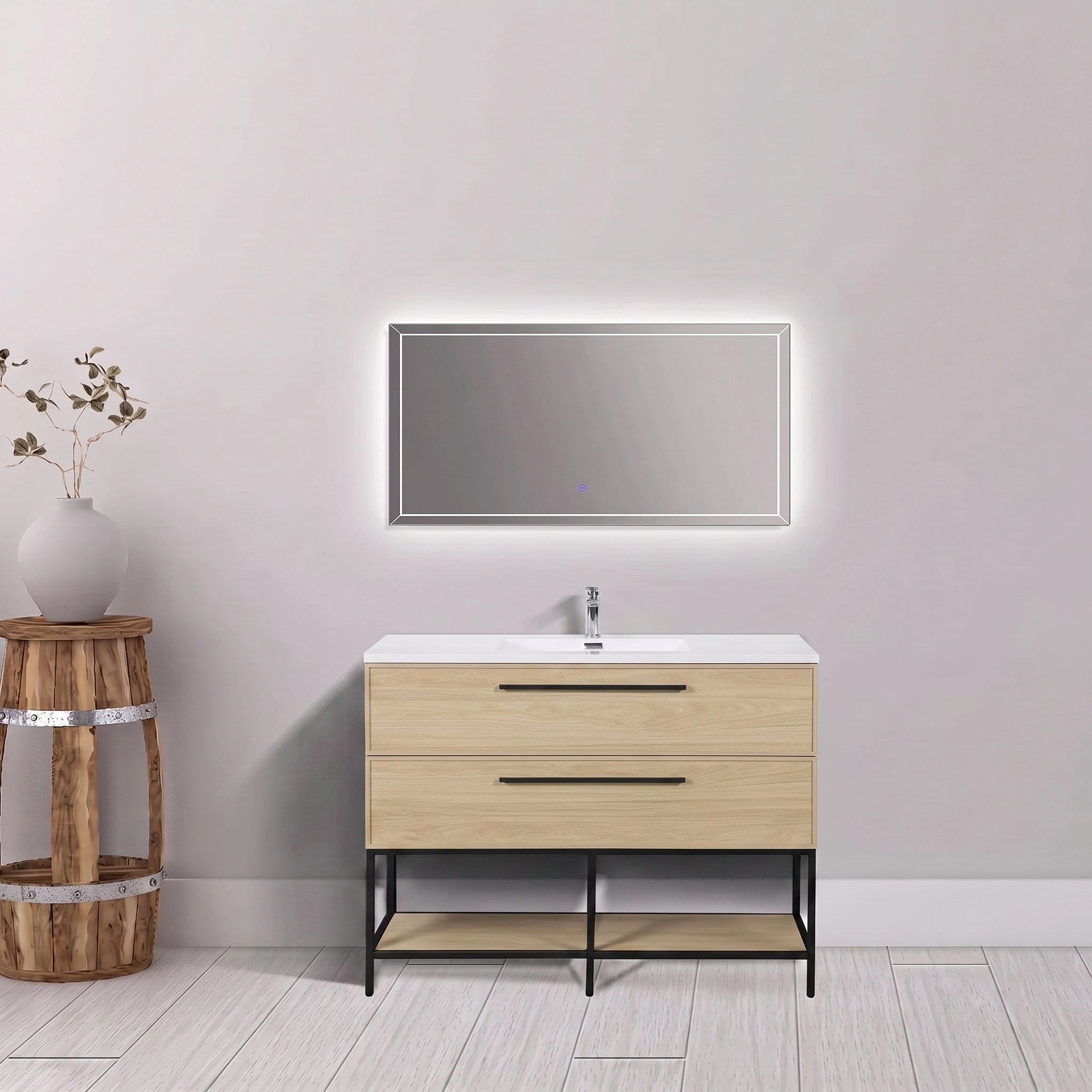 Meuble-lavabo mural 48 po noyer coucher de soleil avec dessus de comptoir en polymarbre blanc avec poignées - Collection Luxe