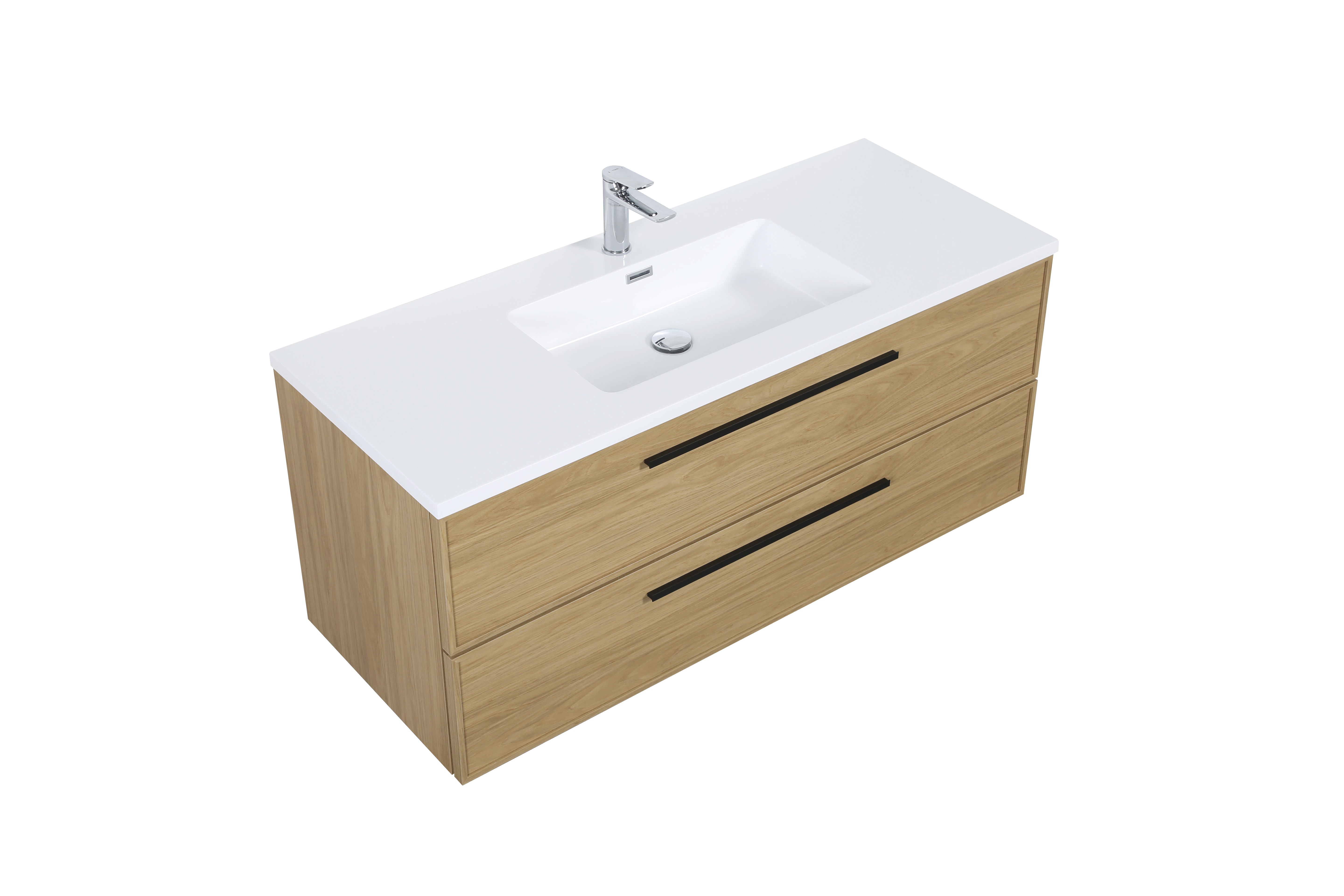 Meuble-lavabo mural 48 po noyer coucher de soleil avec dessus de comptoir en polymarbre blanc avec poignées - Collection Luxe