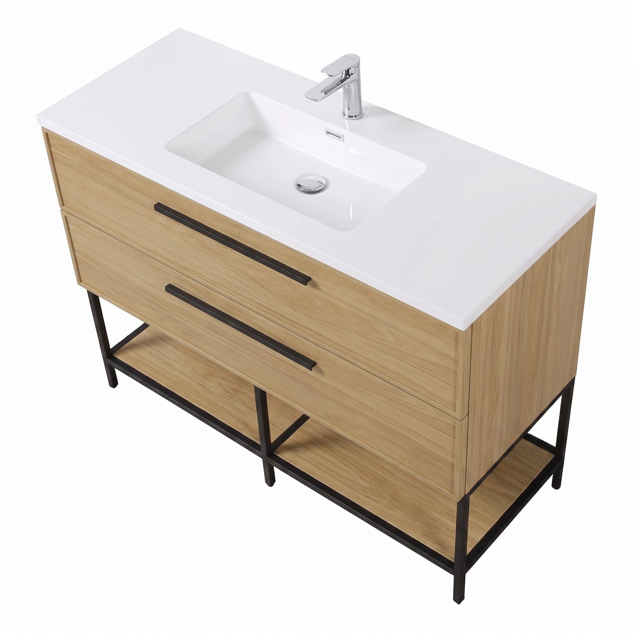 Meuble-lavabo mural 48 po noyer coucher de soleil avec dessus de comptoir en polymarbre blanc avec poignées - Collection Luxe