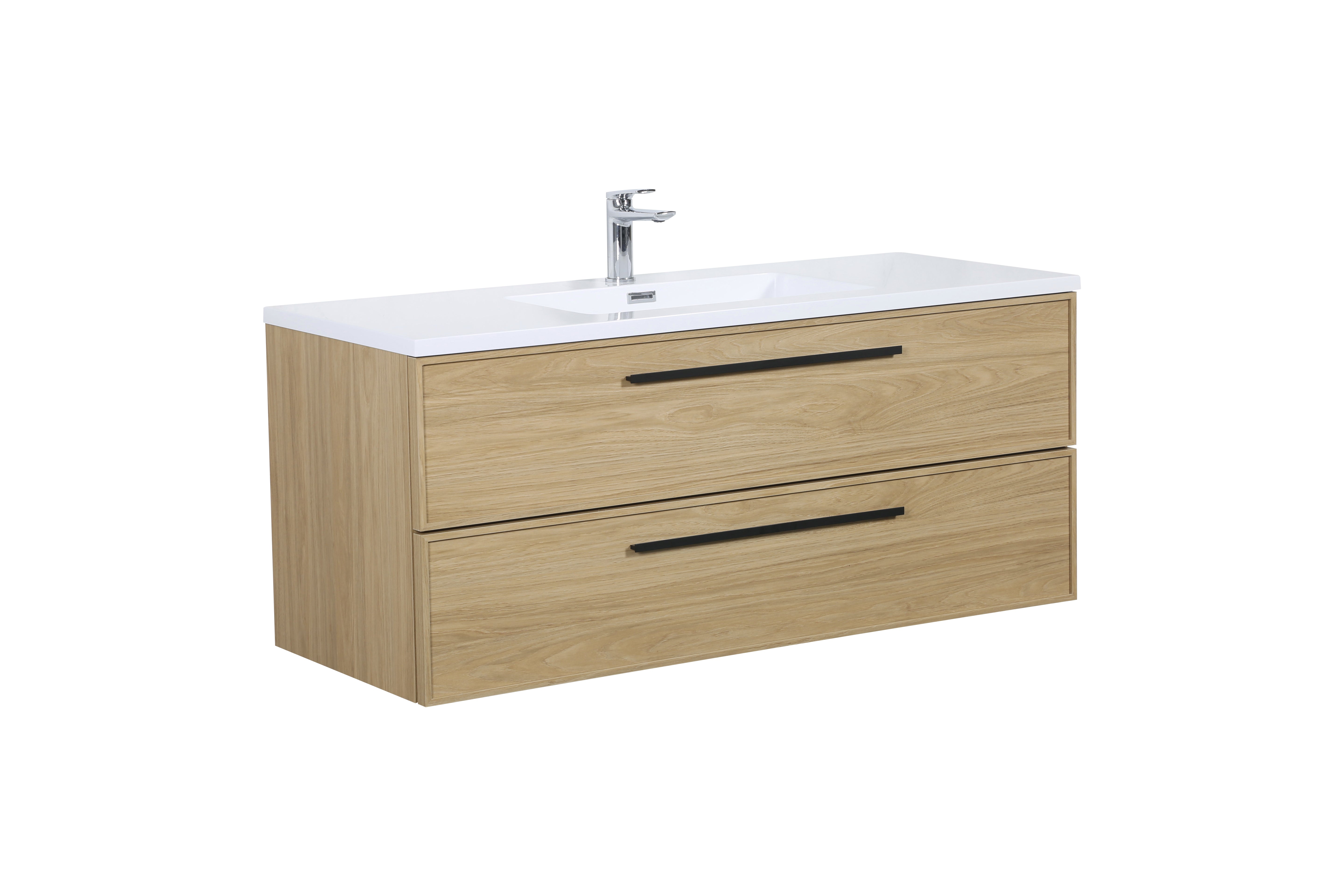 Meuble-lavabo mural 48 po noyer coucher de soleil avec dessus de comptoir en polymarbre blanc avec poignées - Collection Luxe