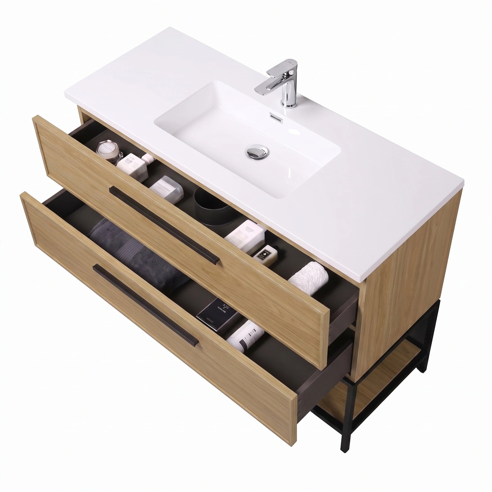 Meuble-lavabo mural 48 po noyer coucher de soleil avec dessus de comptoir en polymarbre blanc avec poignées - Collection Luxe