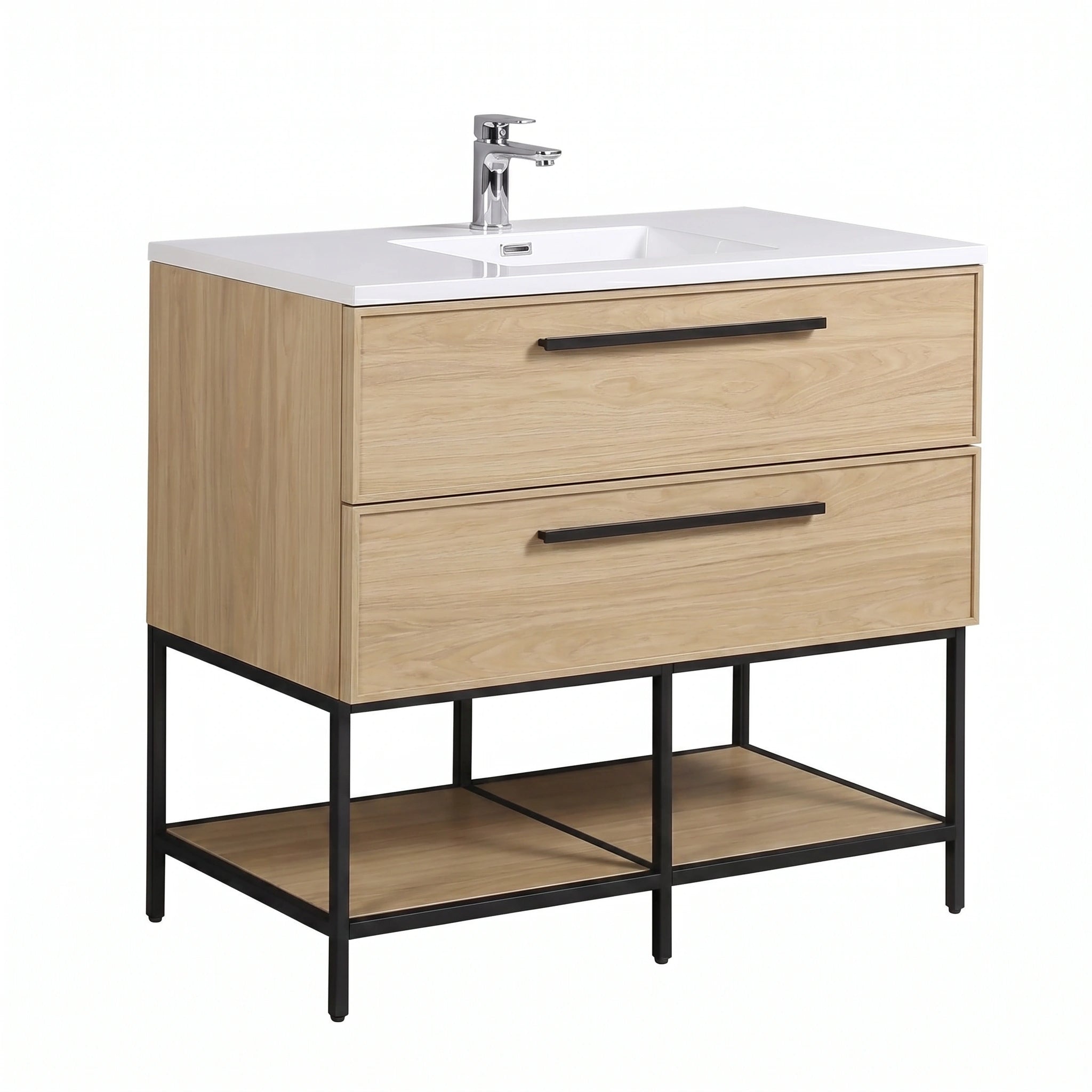Meuble-lavabo mural 48 po noyer coucher de soleil avec dessus de comptoir en polymarbre blanc avec poignées - Collection Luxe