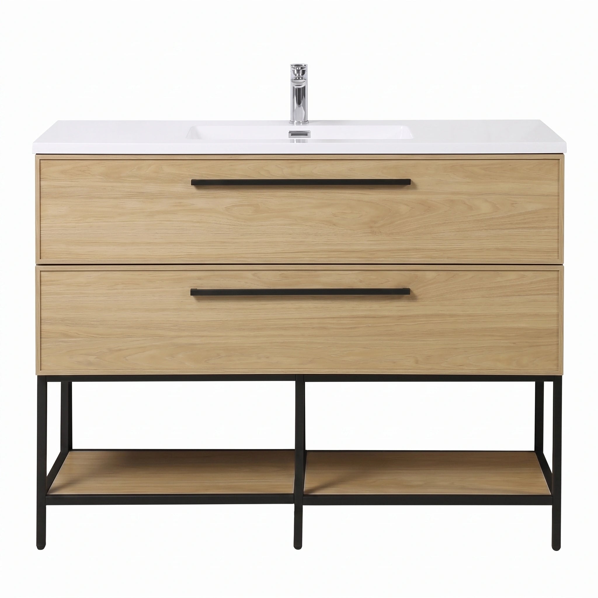 Meuble-lavabo mural 48 po noyer coucher de soleil avec dessus de comptoir en polymarbre blanc avec poignées - Collection Luxe