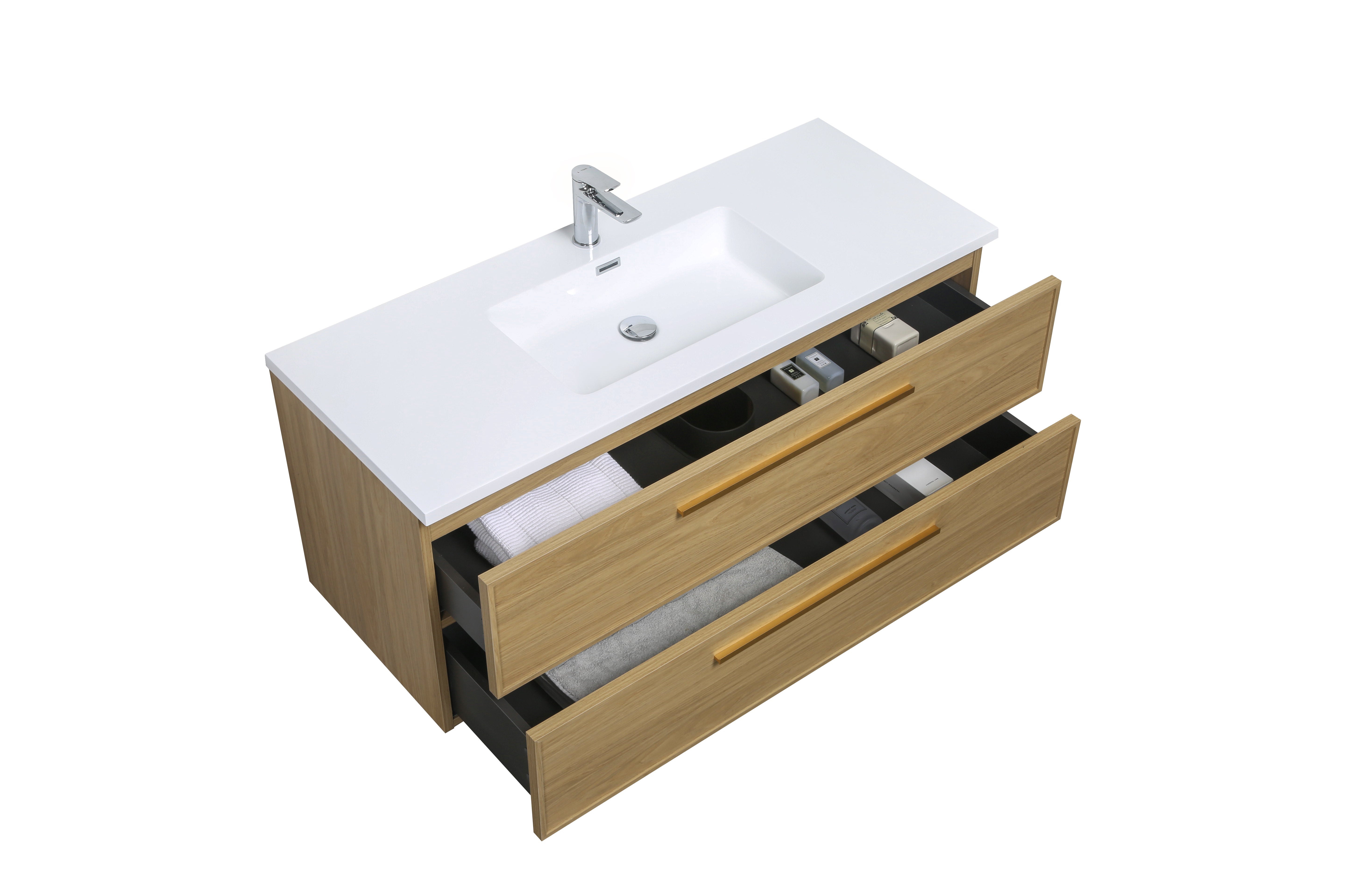 Meuble-lavabo mural 48 po noyer coucher de soleil avec dessus de comptoir en polymarbre blanc avec poignées - Collection Luxe