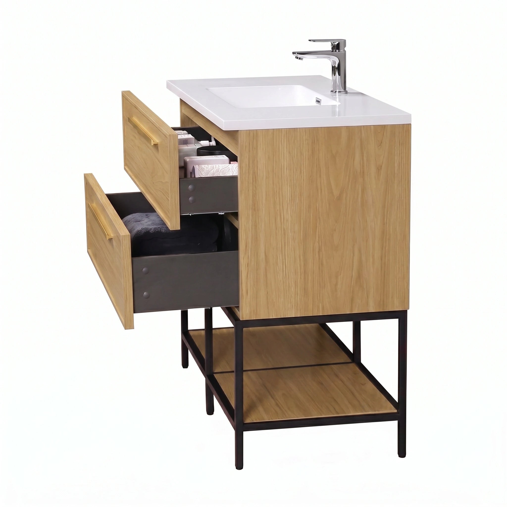 Meuble-lavabo mural 48 po noyer coucher de soleil avec dessus de comptoir en polymarbre blanc avec poignées - Collection Luxe