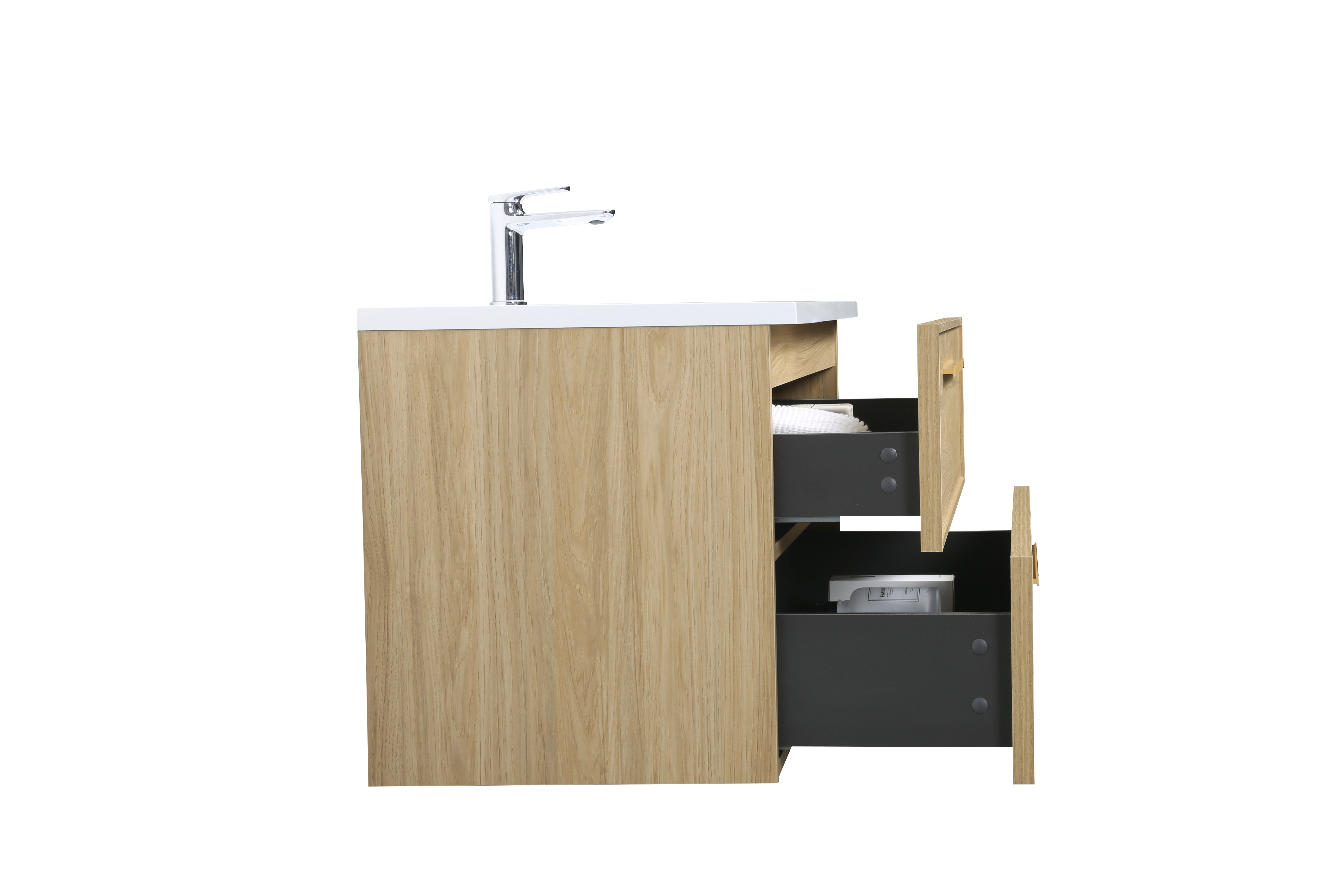 Meuble-lavabo mural 48 po noyer coucher de soleil avec dessus de comptoir en polymarbre blanc avec poignées - Collection Luxe