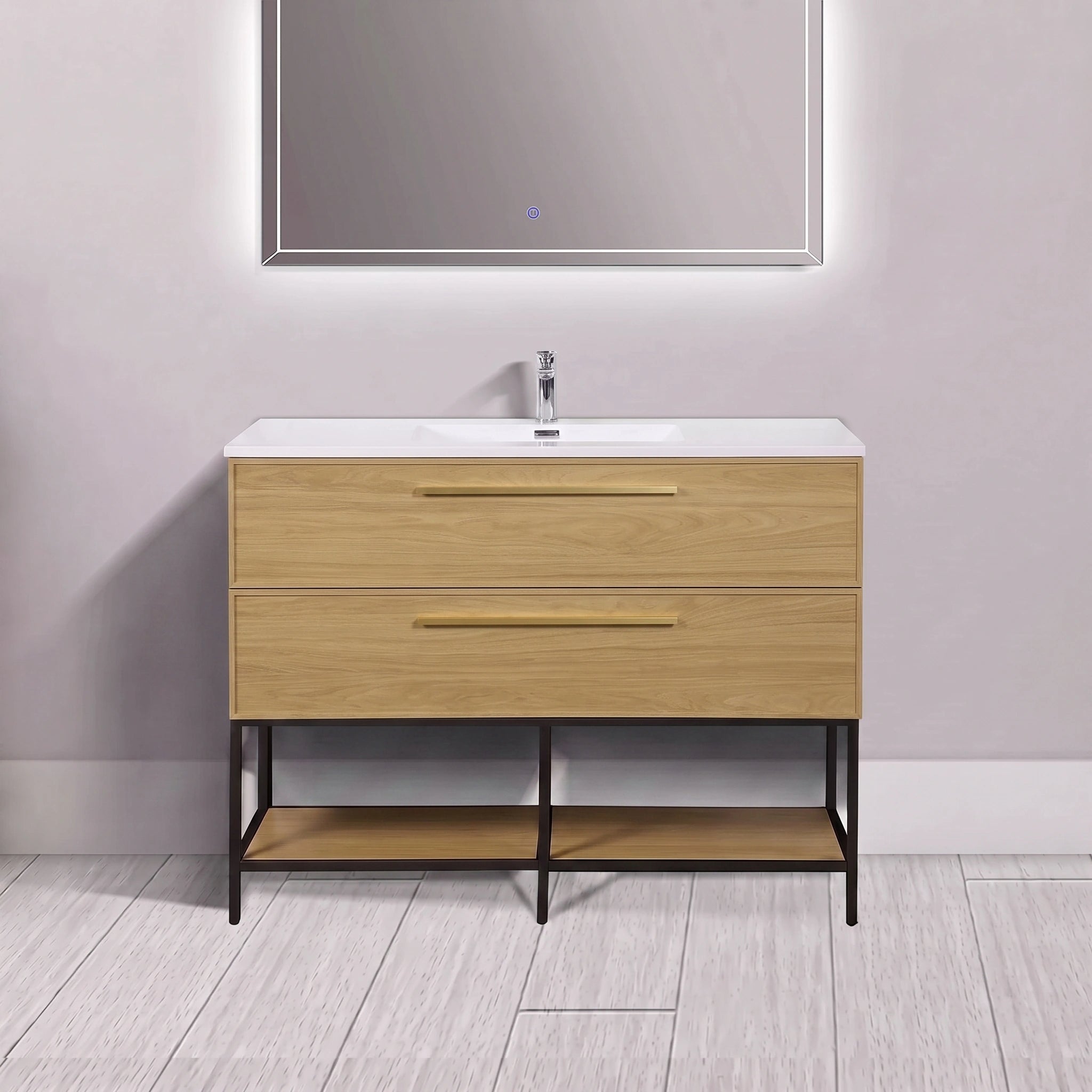 Meuble-lavabo mural 48 po noyer coucher de soleil avec dessus de comptoir en polymarbre blanc avec poignées - Collection Luxe