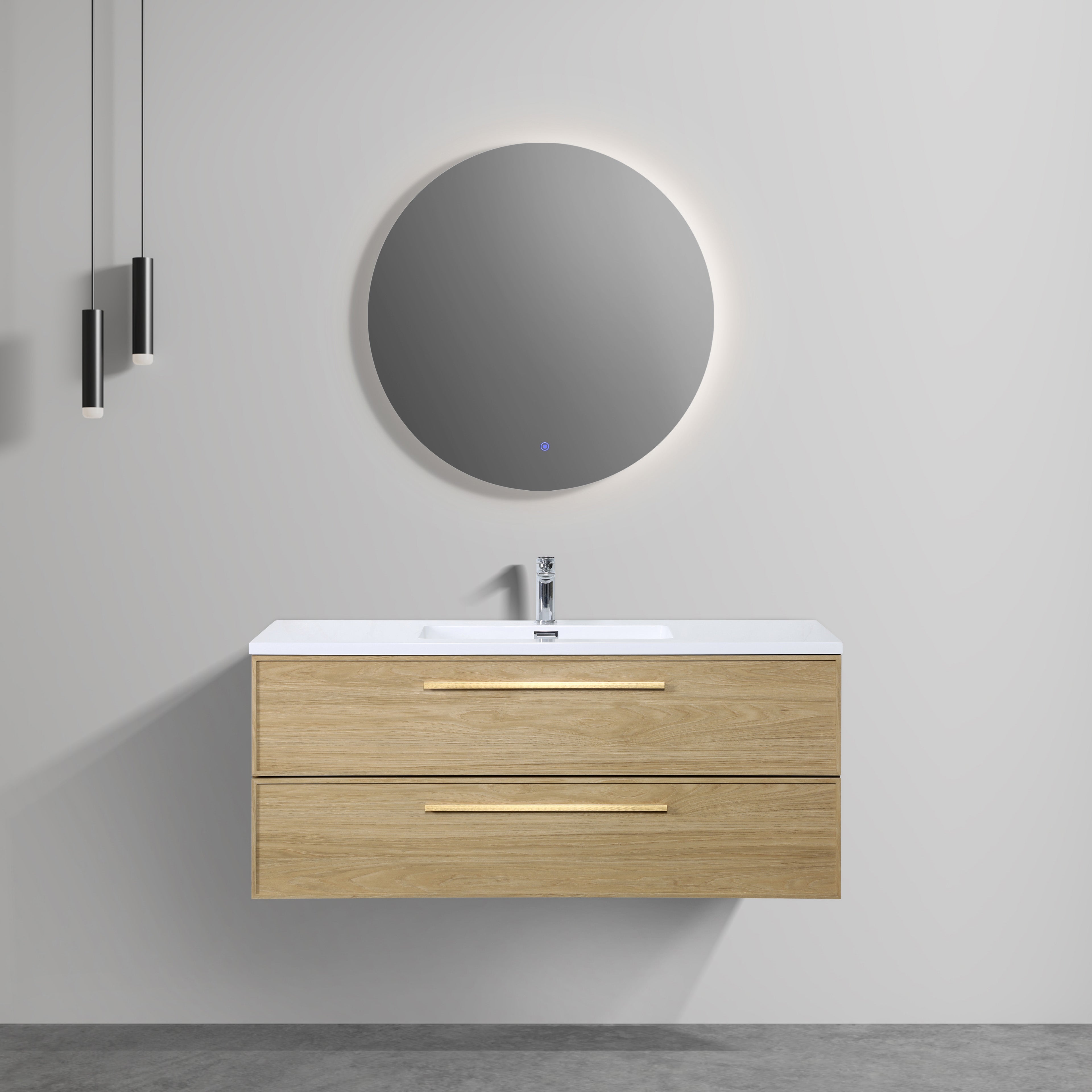 Meuble-lavabo mural 48 po noyer coucher de soleil avec dessus de comptoir en polymarbre blanc avec poignées - Collection Luxe