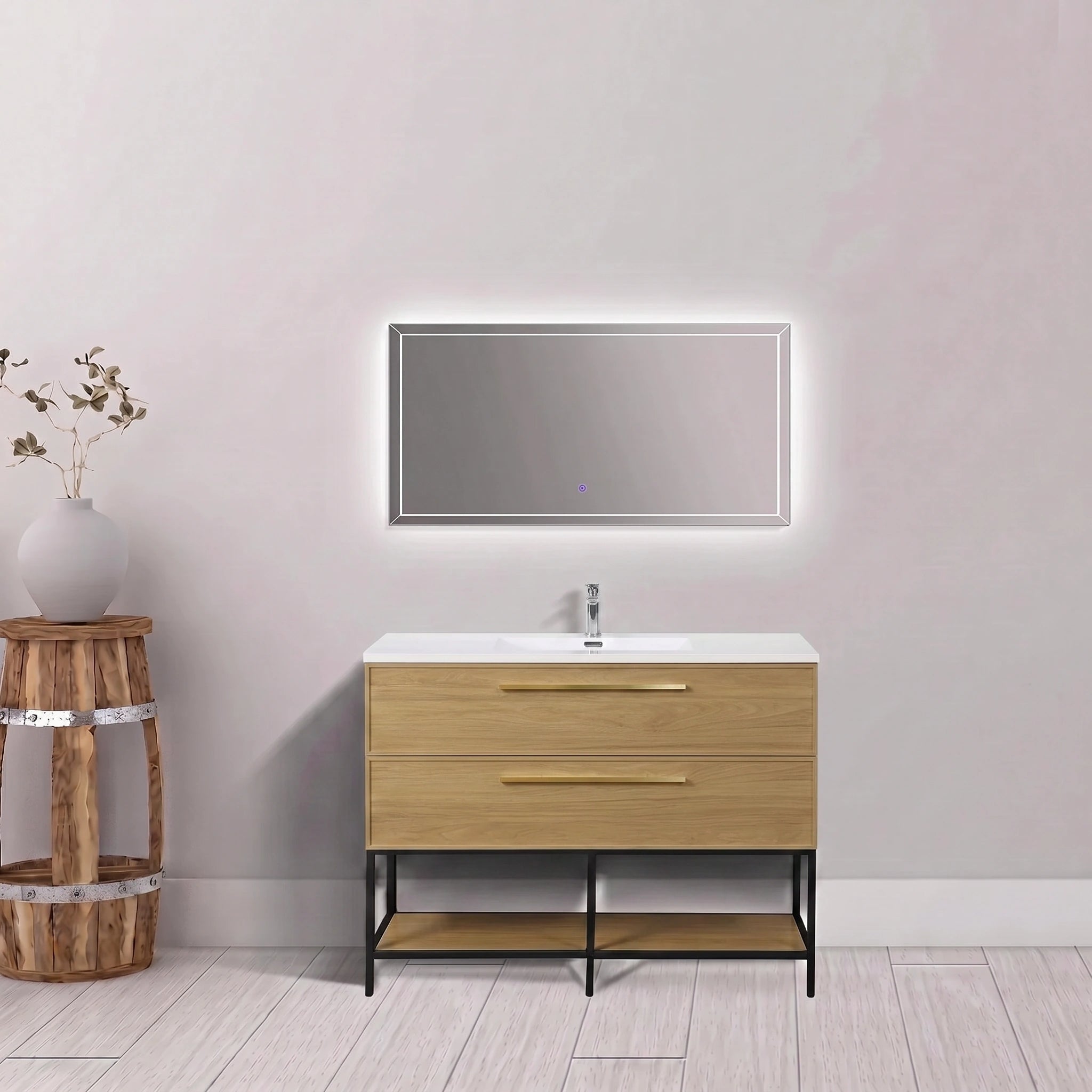 Meuble-lavabo mural 48 po noyer coucher de soleil avec dessus de comptoir en polymarbre blanc avec poignées - Collection Luxe