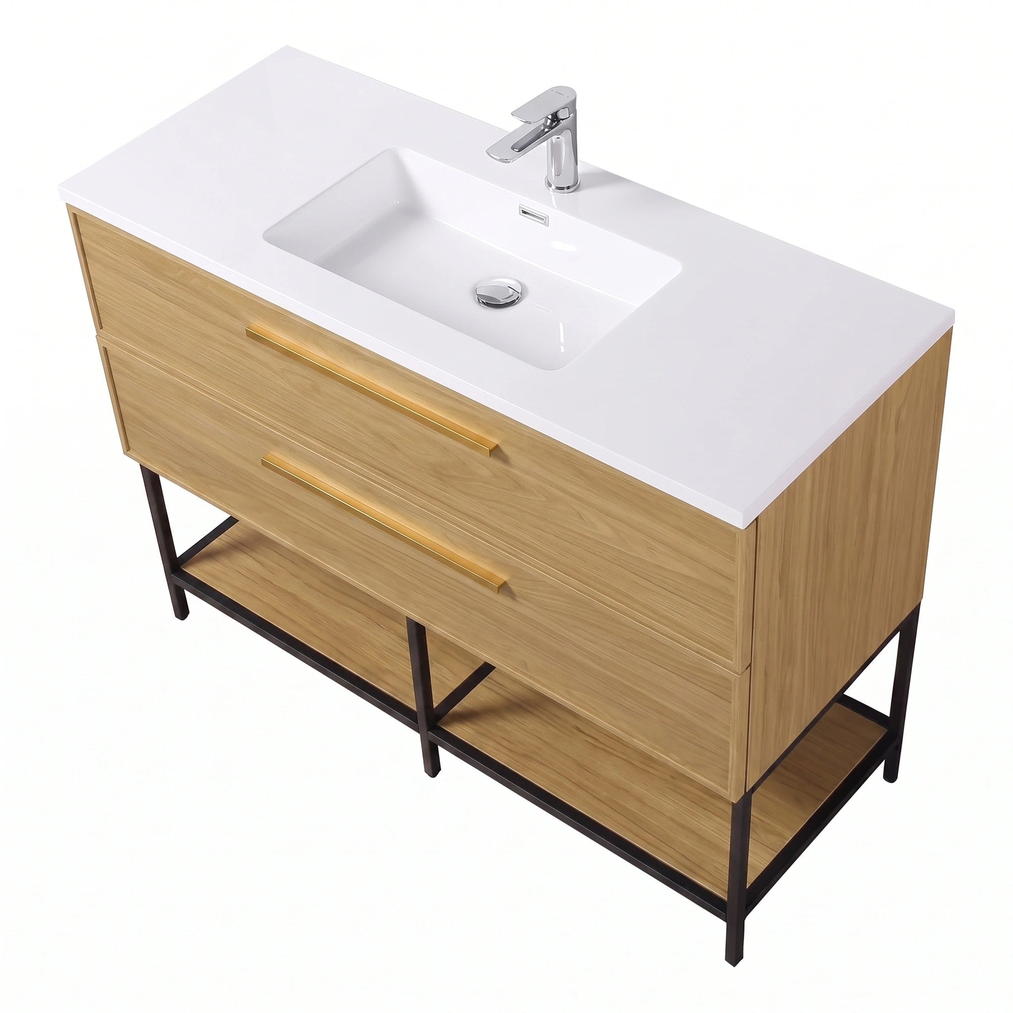 Meuble-lavabo mural 48 po noyer coucher de soleil avec dessus de comptoir en polymarbre blanc avec poignées - Collection Luxe