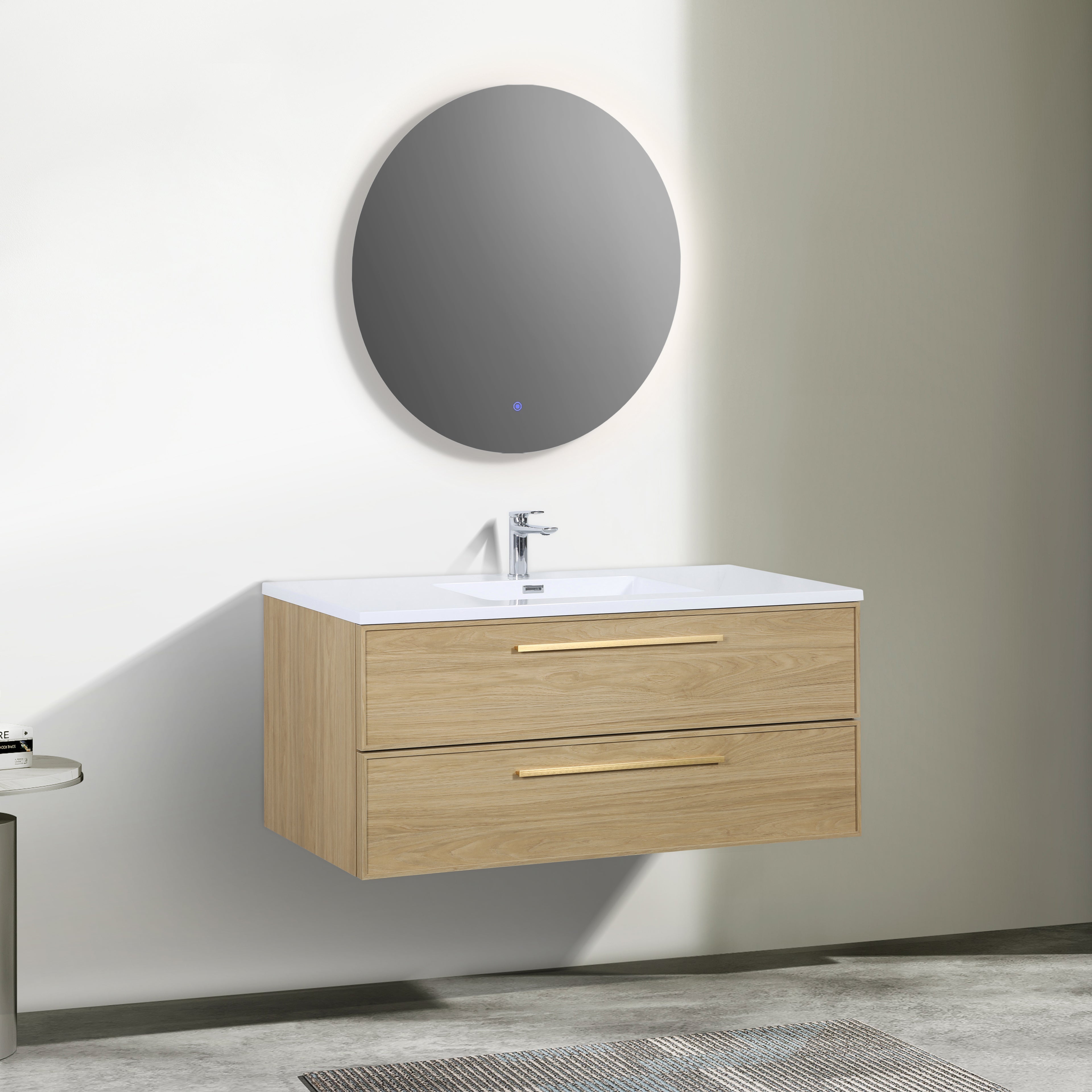 Meuble-lavabo mural 48 po noyer coucher de soleil avec dessus de comptoir en polymarbre blanc avec poignées - Collection Luxe