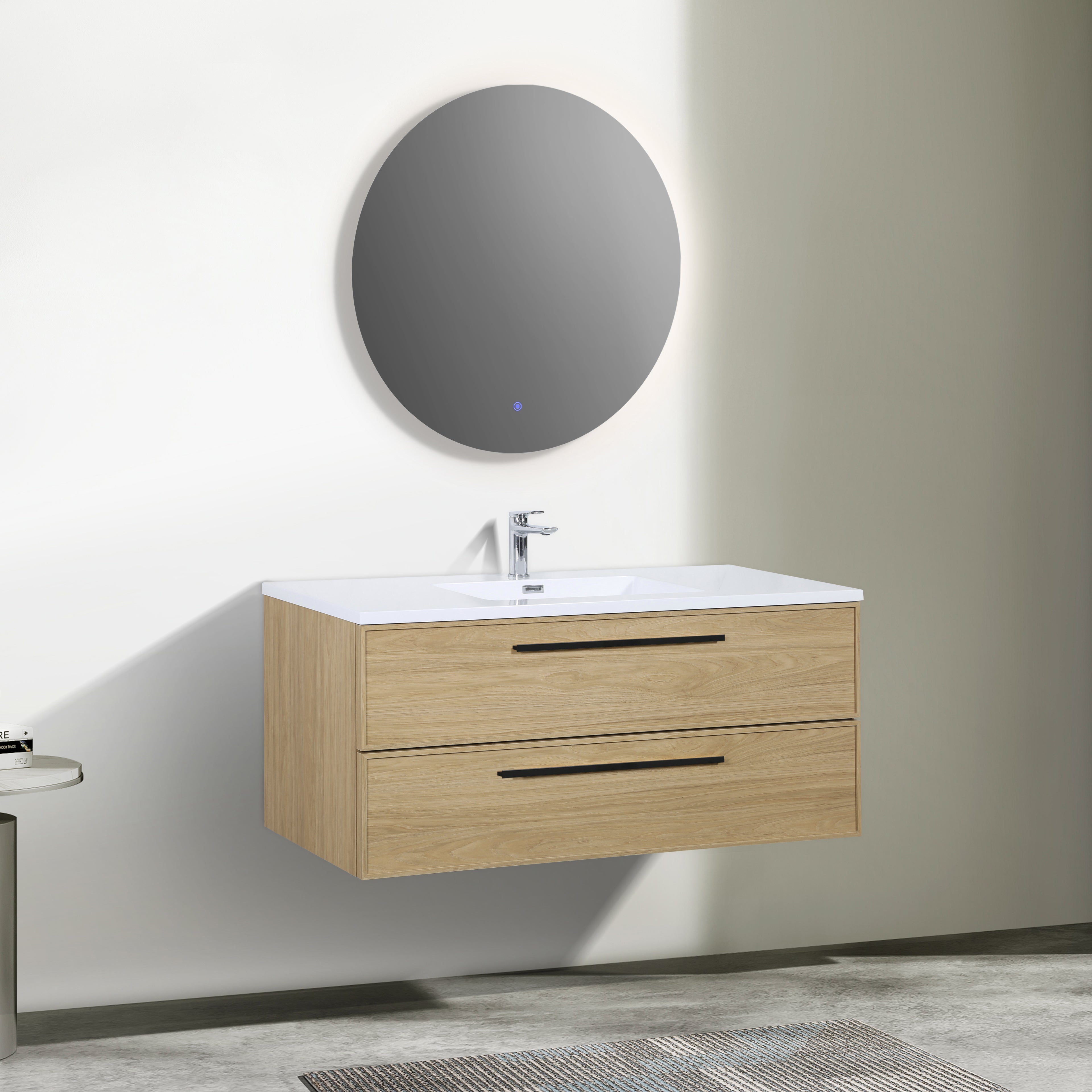 Meuble-lavabo mural 48 po noyer coucher de soleil avec dessus de comptoir en polymarbre blanc avec poignées - Collection Luxe