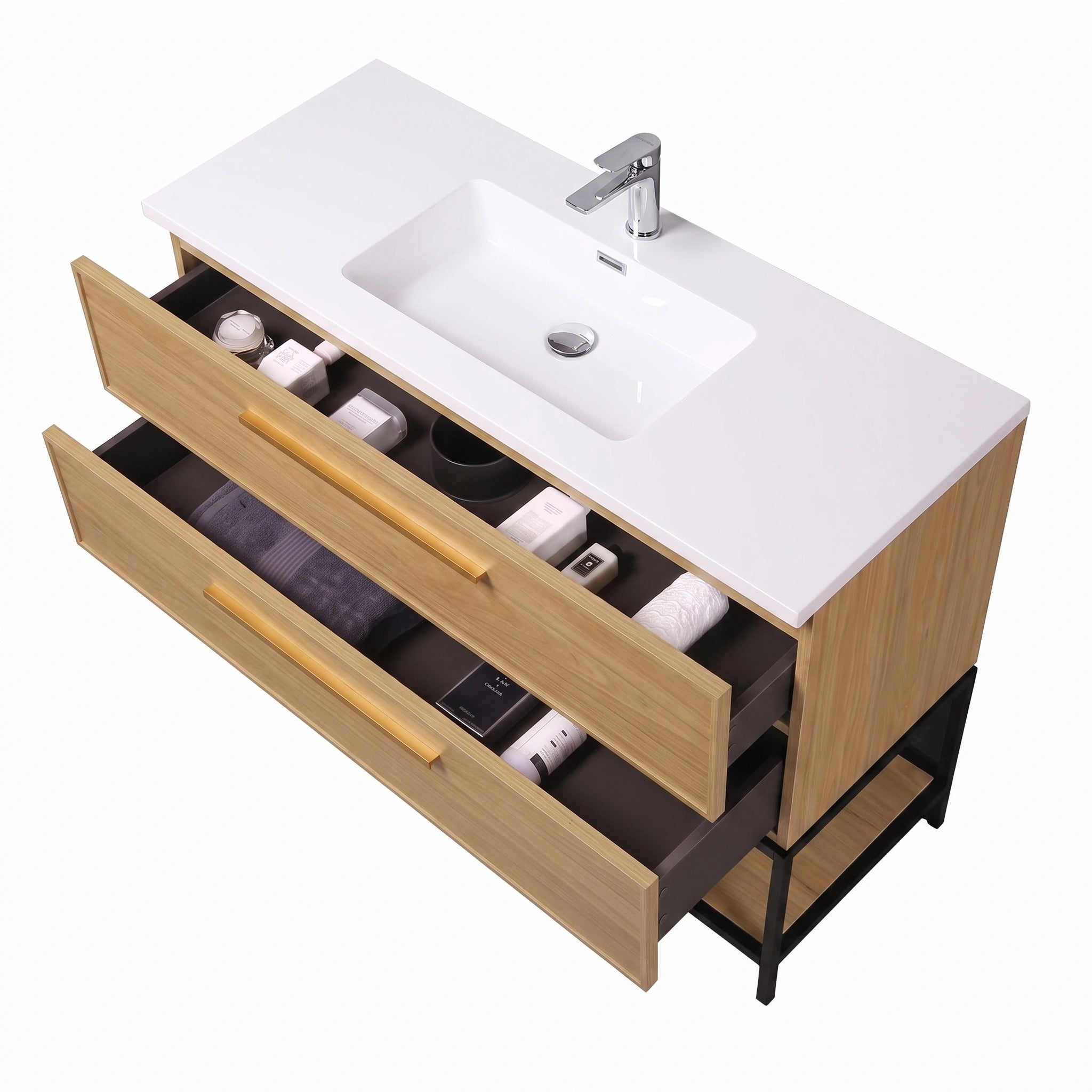 Meuble-lavabo mural 48 po noyer coucher de soleil avec dessus de comptoir en polymarbre blanc avec poignées - Collection Luxe