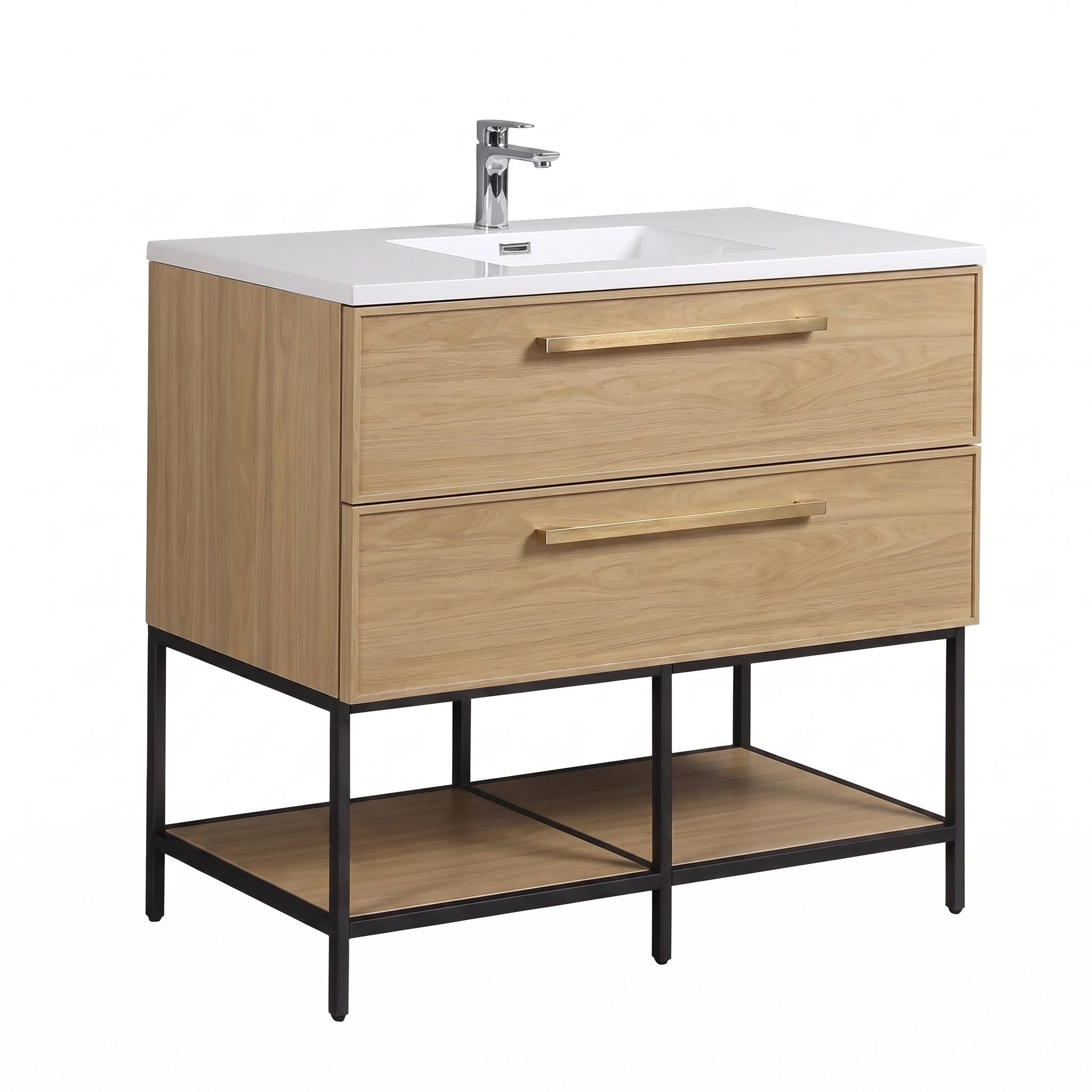 Meuble-lavabo mural 48 po noyer coucher de soleil avec dessus de comptoir en polymarbre blanc avec poignées - Collection Luxe